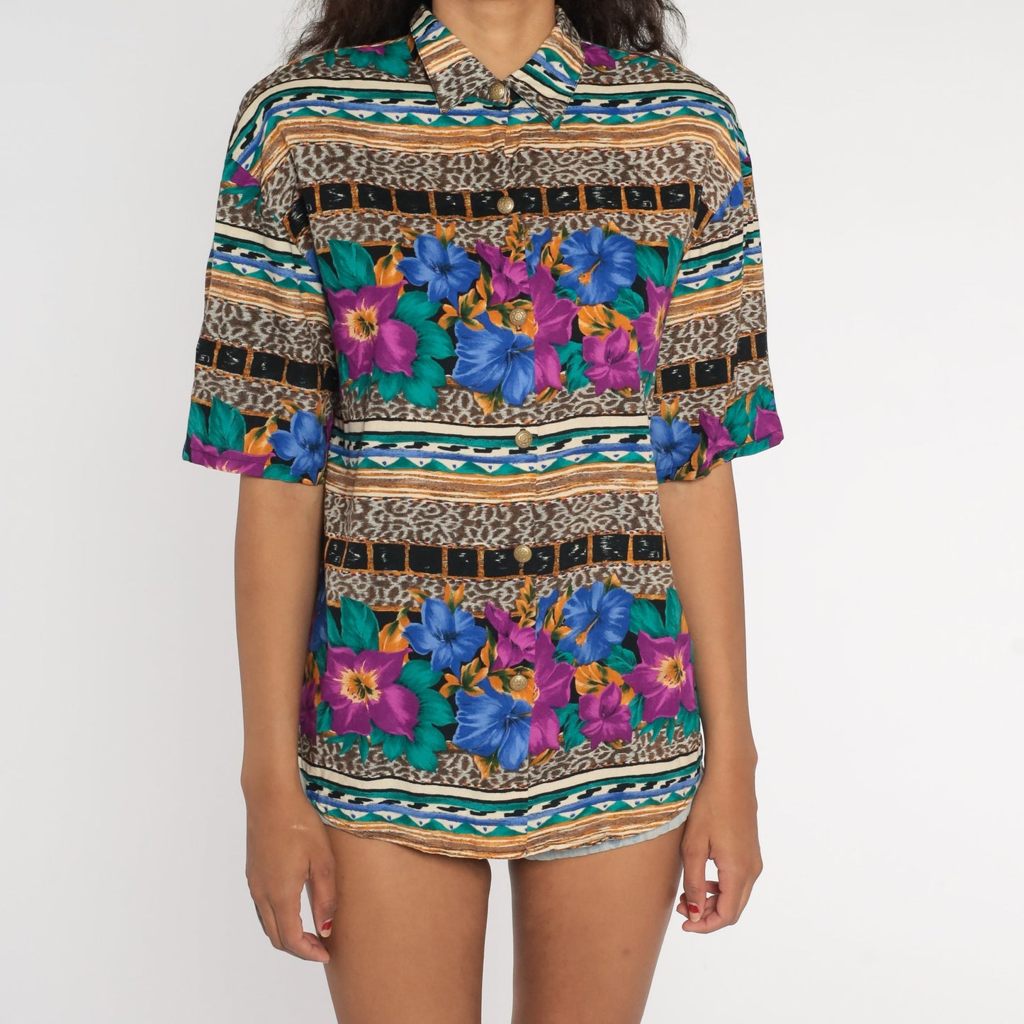 90s Kathie Lee Leopard Floral Button-Up Blouse Rayon Medium