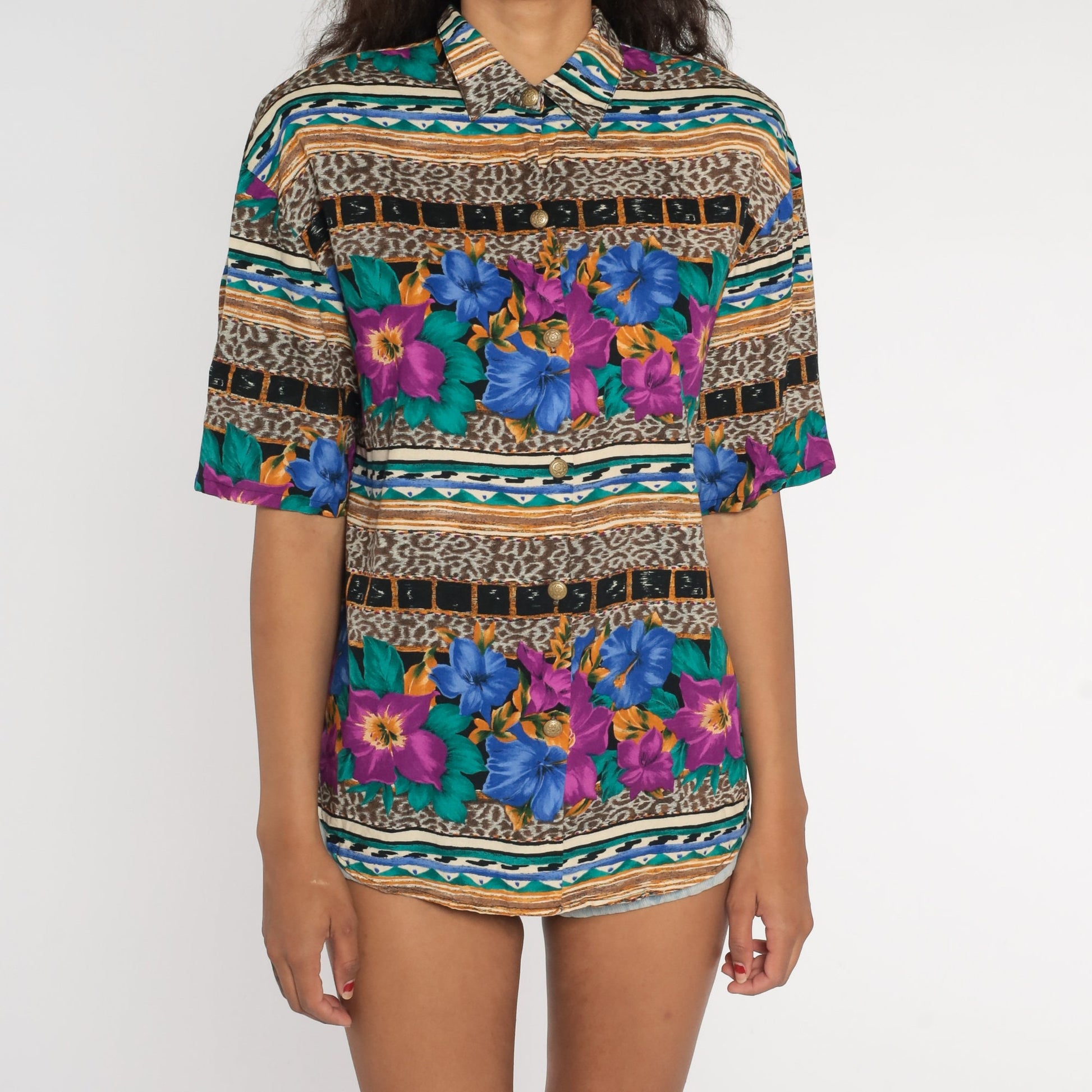90s Kathie Lee Leopard Floral Button-Up Blouse Rayon Medium