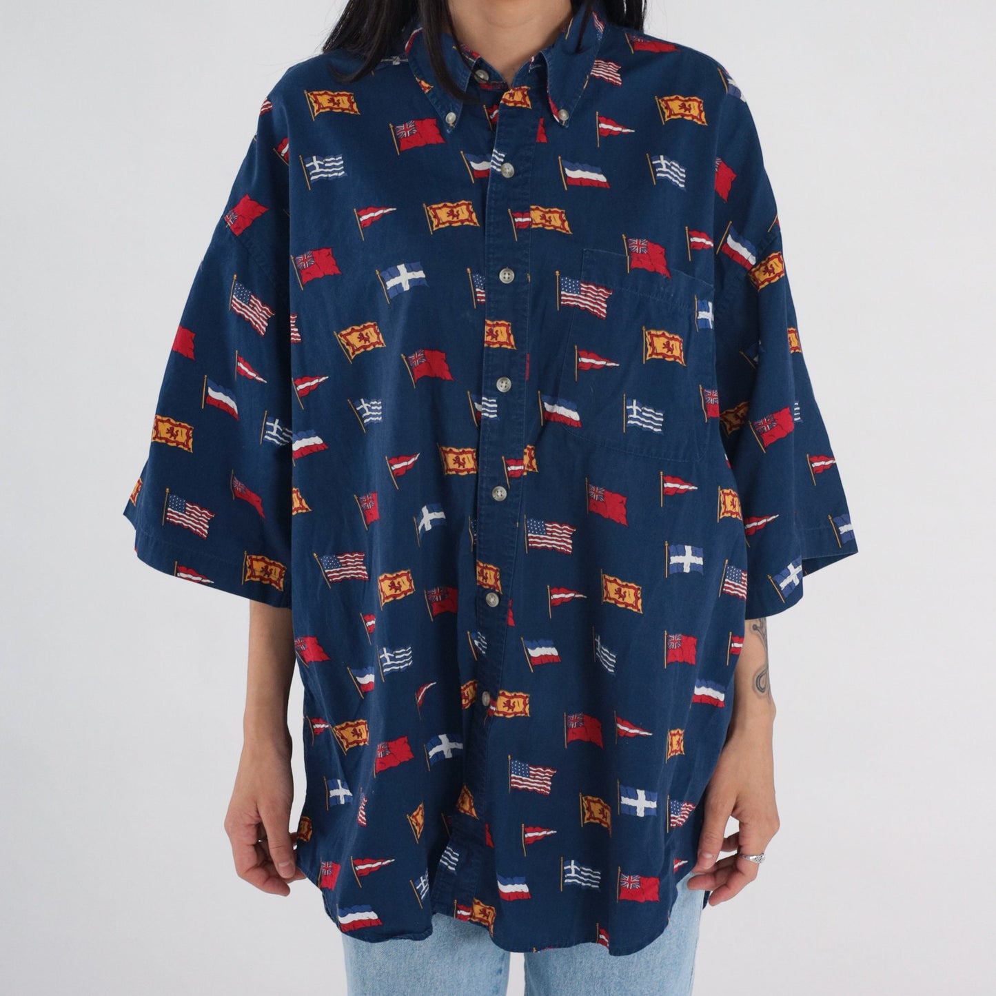 90s International Flag Print Button Up Shirt Navy Cotton Men's Extra Large XL