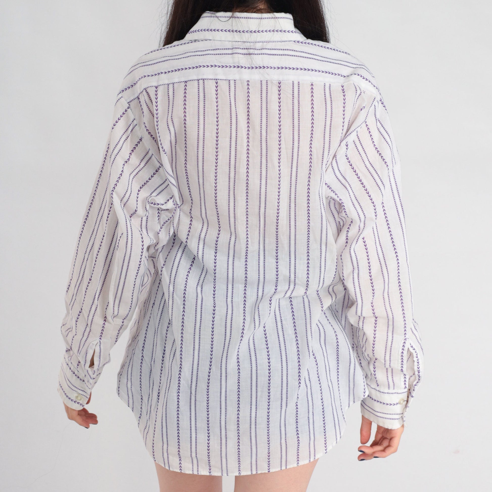 70s White Purple Chevron Striped Oxford Button-Up Shirt Cotton Mens Medium