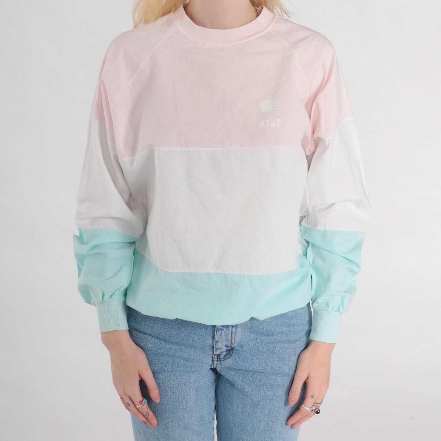 80s AT&T Color Block Long Sleeve Shirt Pink Aqua Crewneck Medium