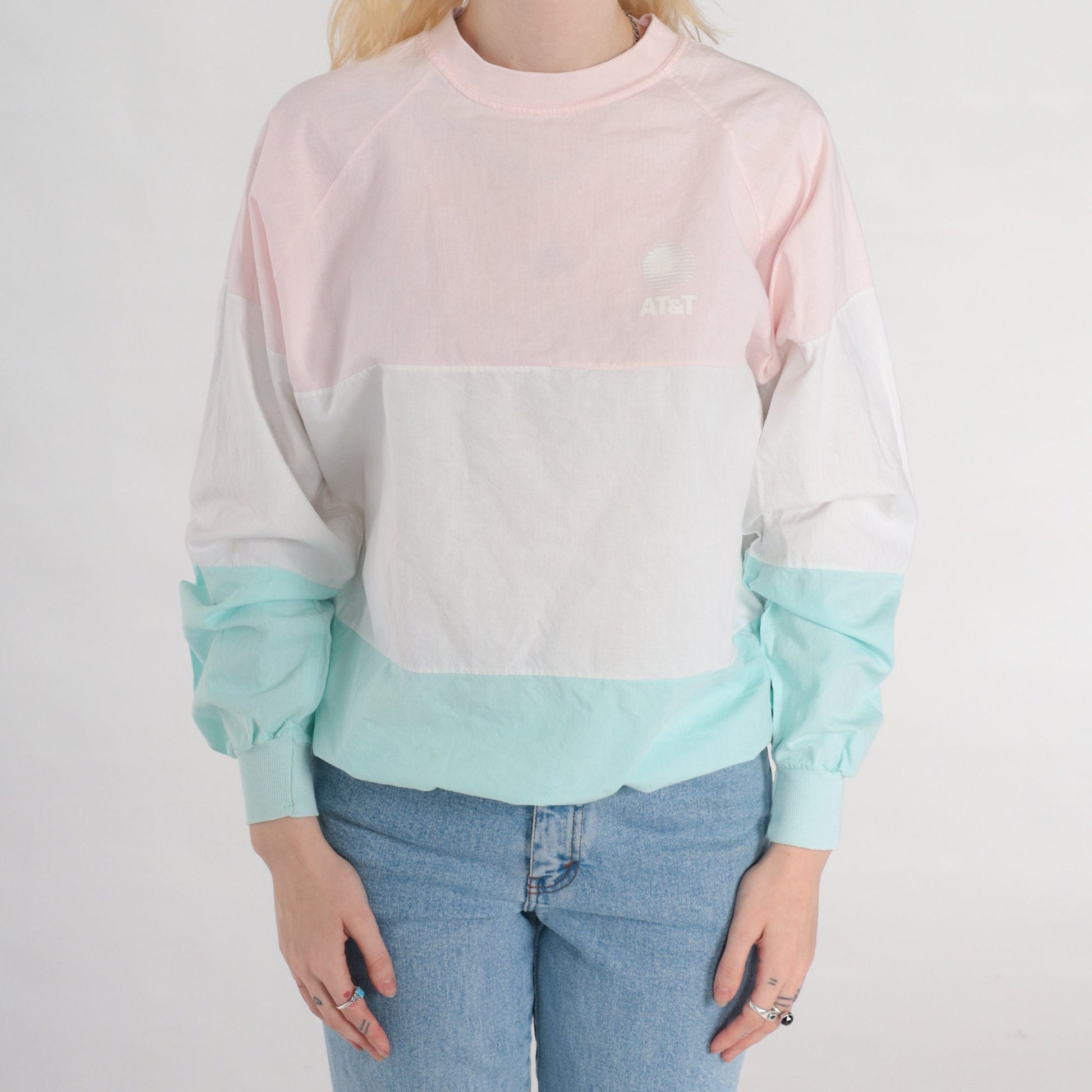 80s AT&T Color Block Long Sleeve Shirt Pink Aqua Crewneck Medium