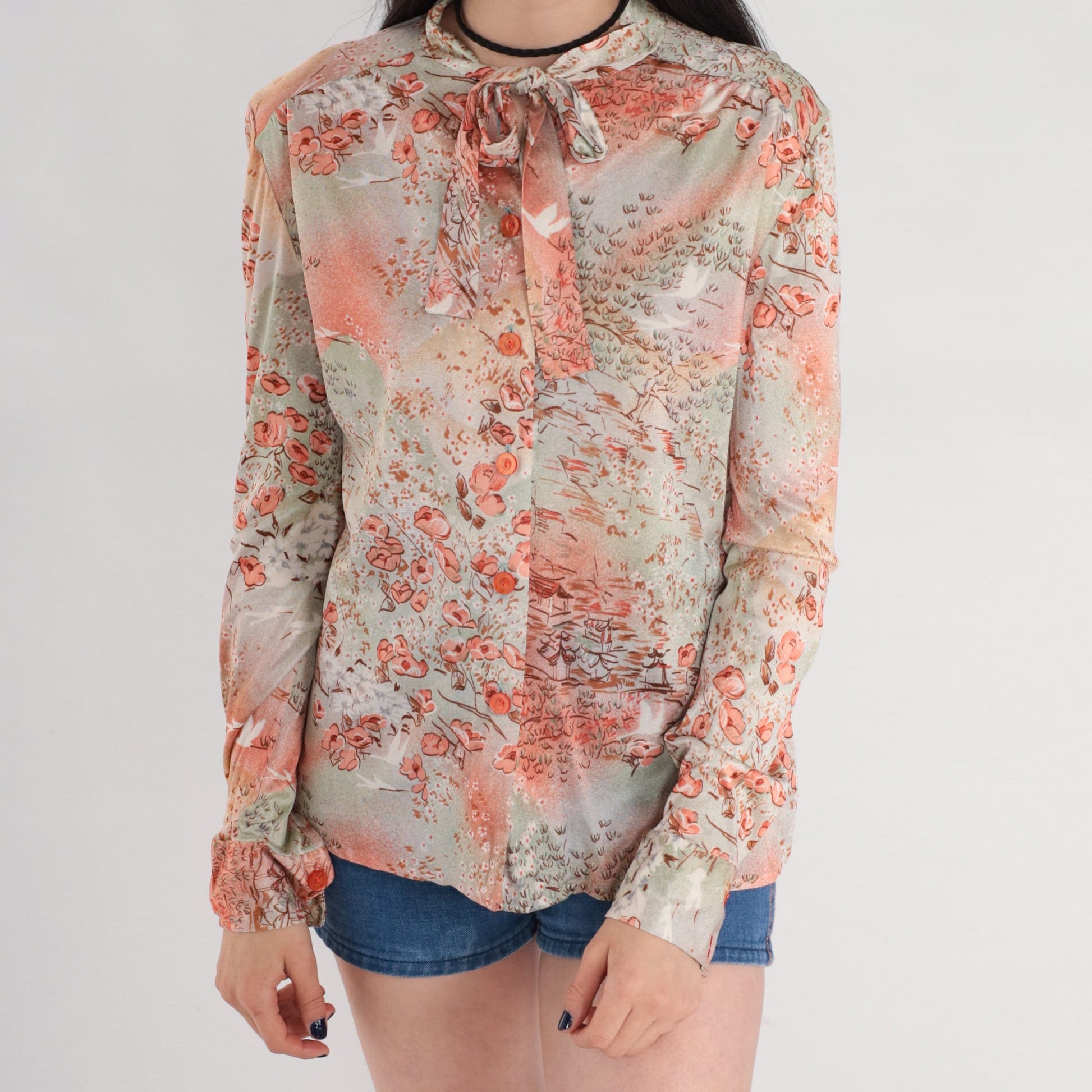 70s Floral Bird Village Print Ascot Blouse Pink Orange Green Long Sleeve Small