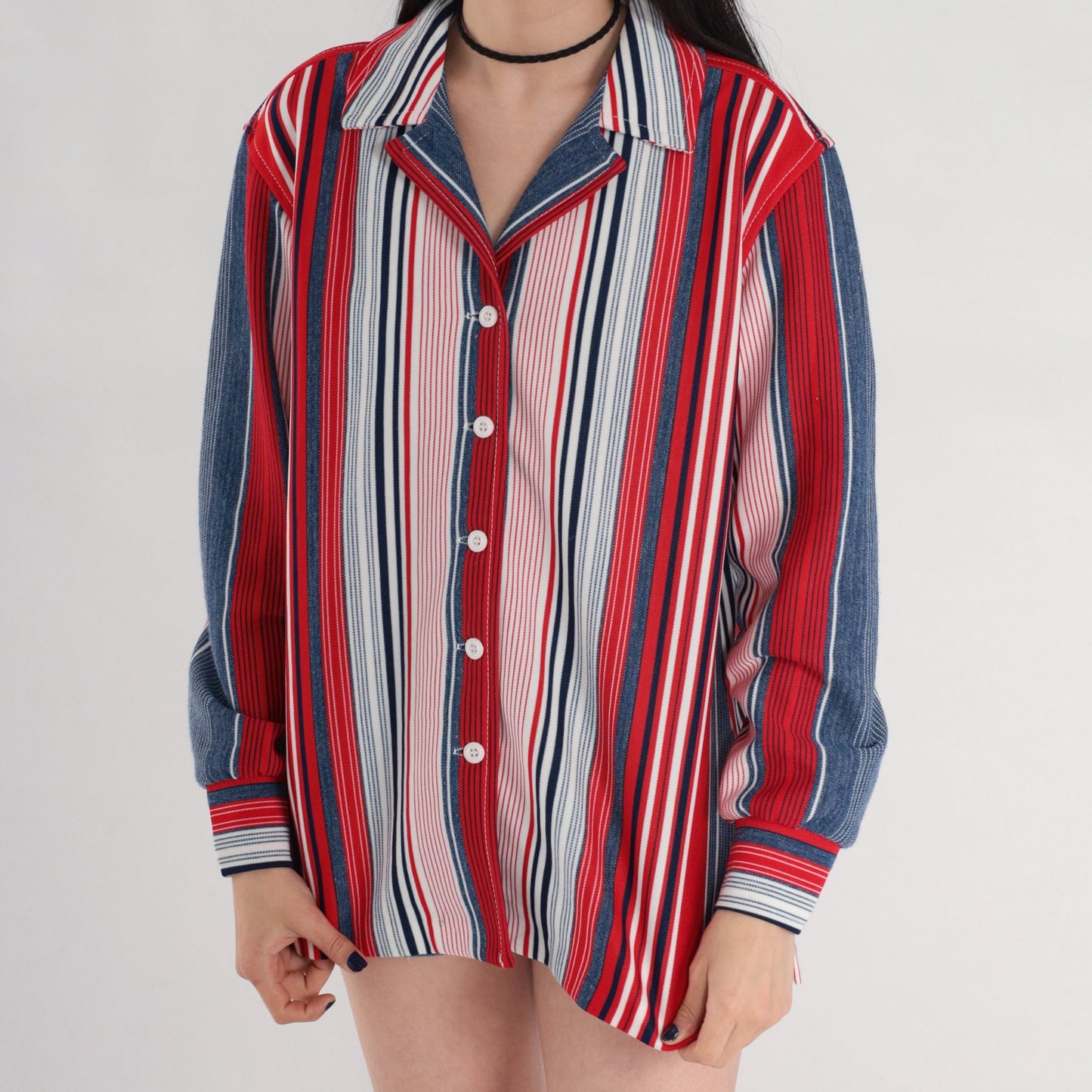 70s Red White Blue Striped Button Up Blouse Notched Collar Long Sleeve Medium Large