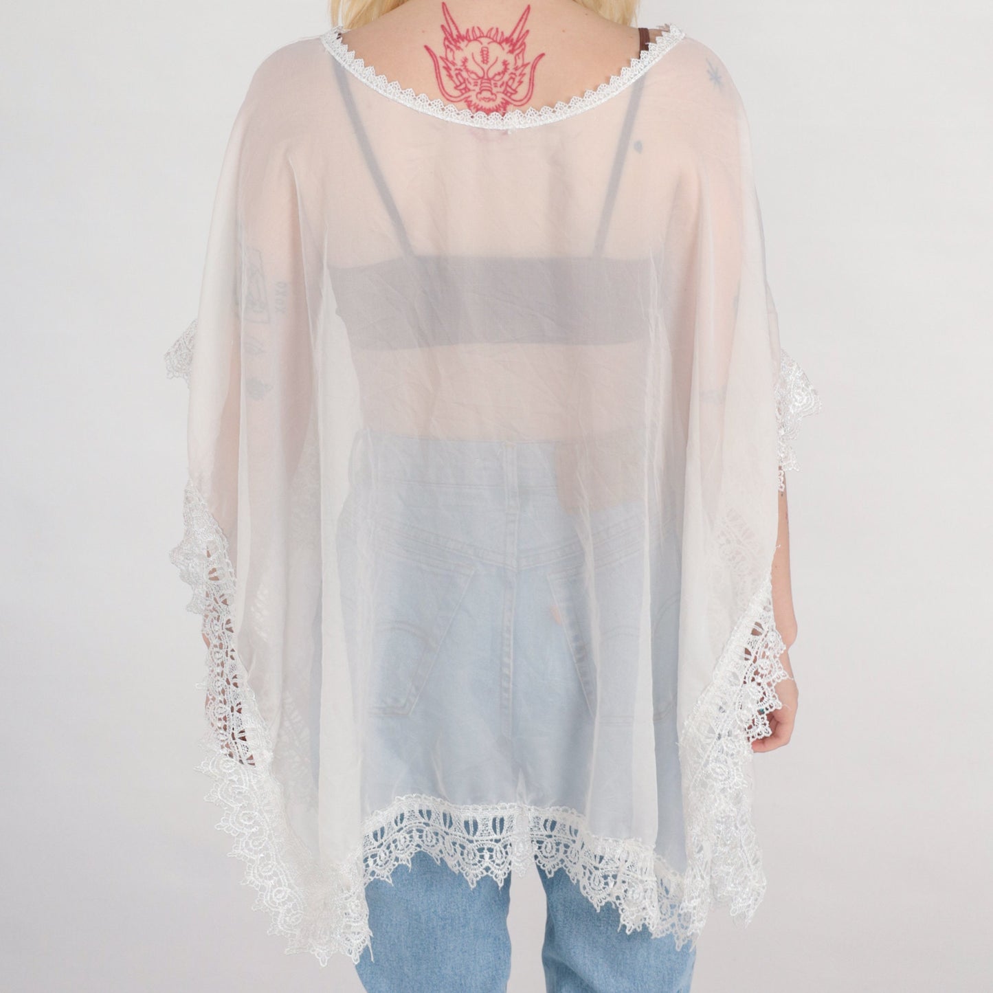 90s White Lace Poncho Top Sheer Crochet Cape Blouse One Size