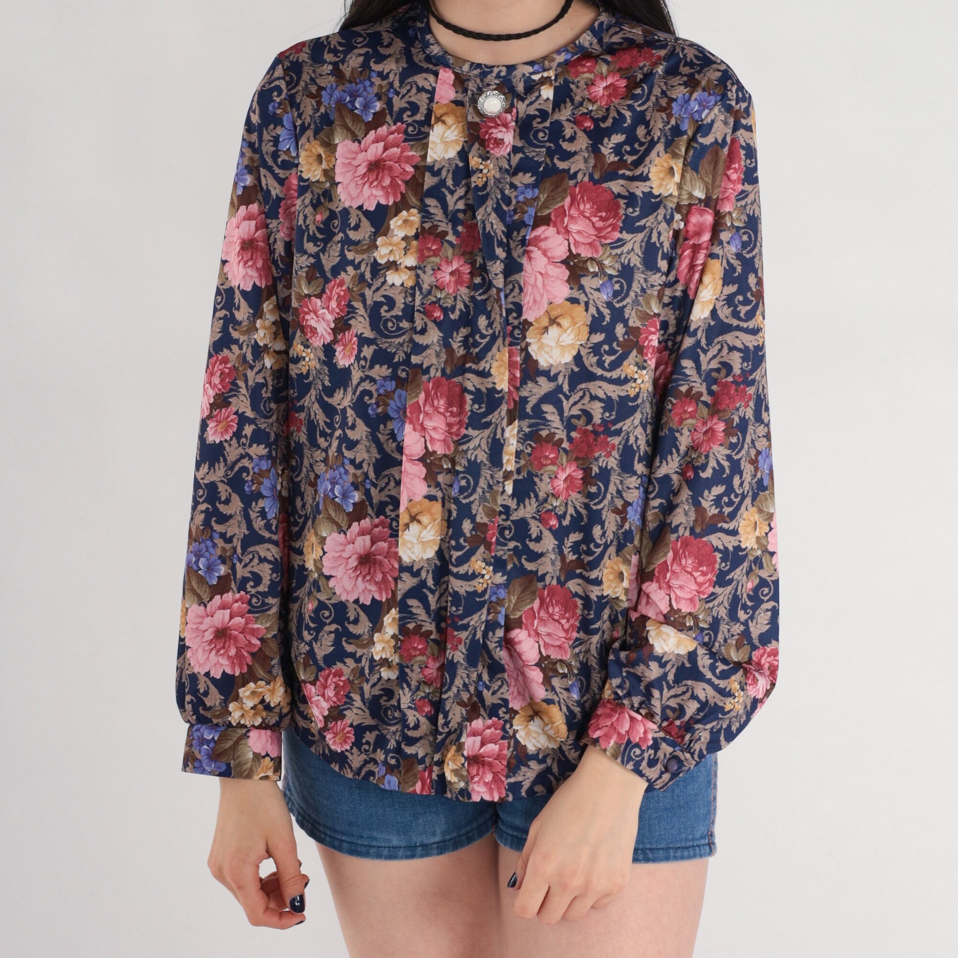 80s Blue Floral Pleated Blouse Long Sleeve Rose Leaf Print Tuxedo Top Medium