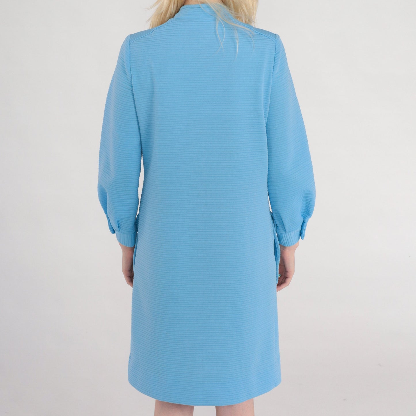 70s Mod Shift Dress Blue Ribbed Polyester Button Front Long Sleeve Small