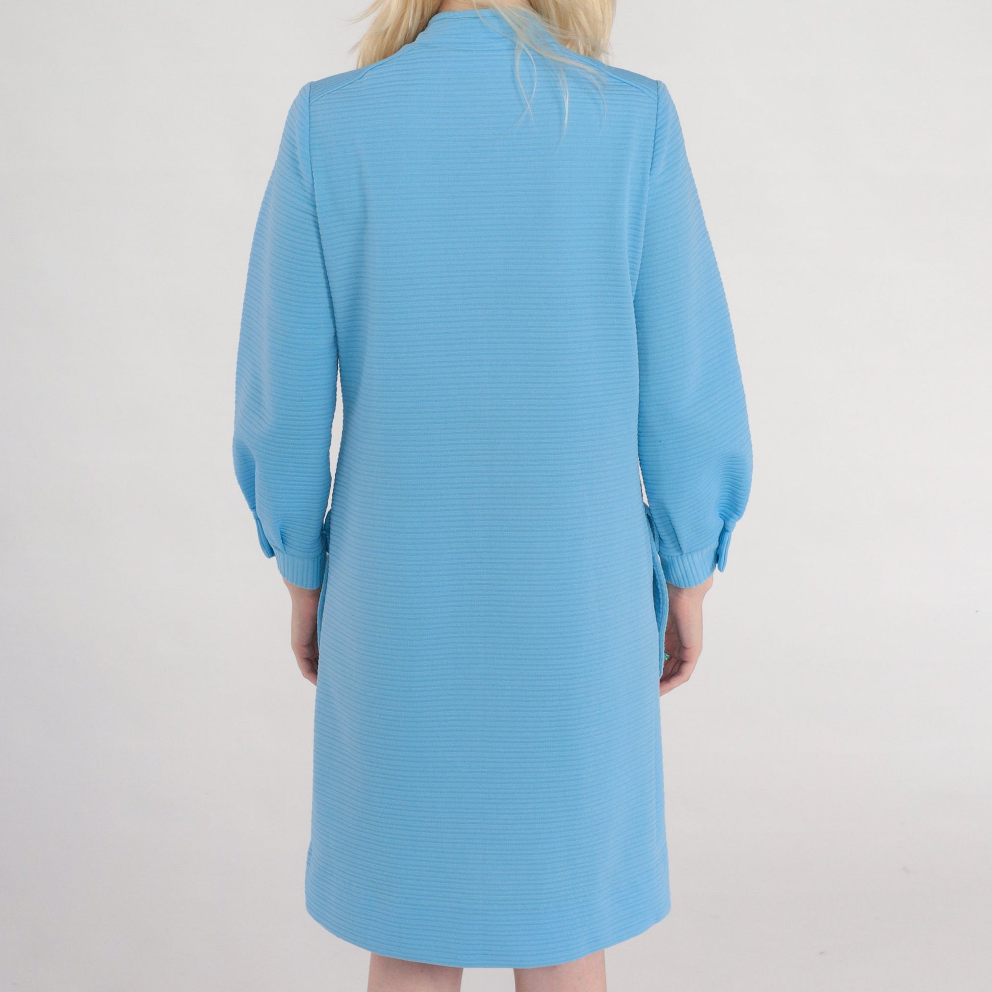 70s Mod Shift Dress Blue Ribbed Polyester Button Front Long Sleeve Small