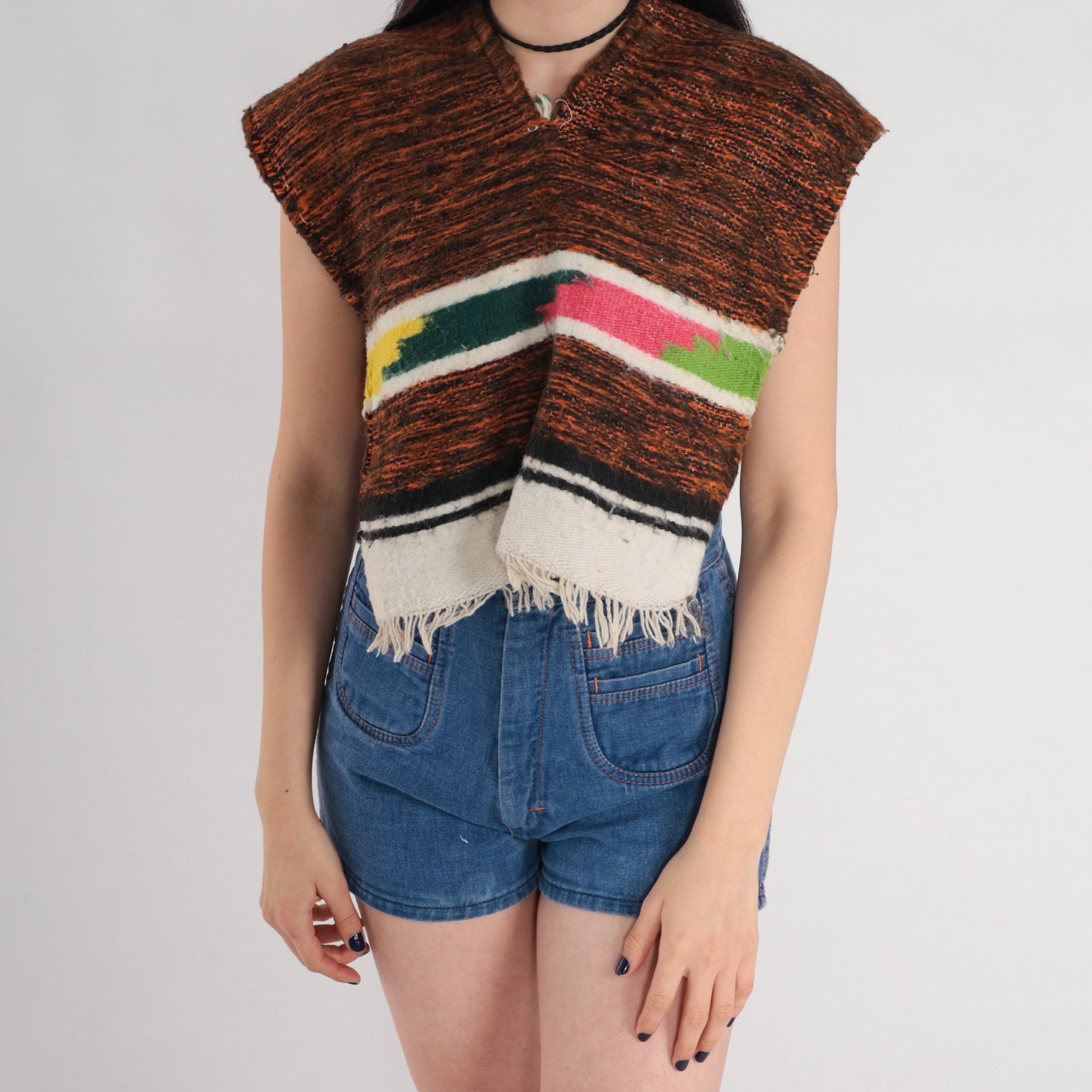 80s Woven Poncho Brown Southwestern Fringe Open Side Cape Extra Small