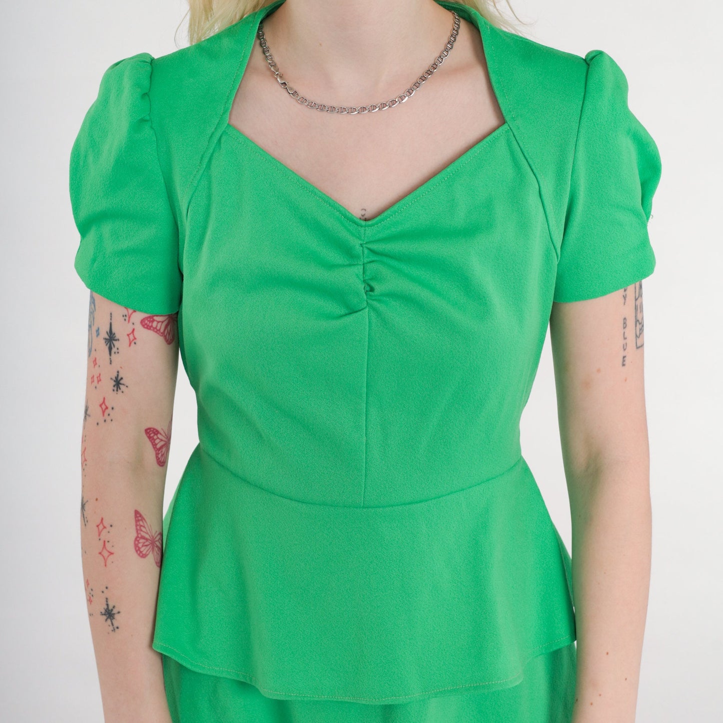 70s Spring Green Mini Dress Puff Sleeve V-Neck High Waist Peplum Small