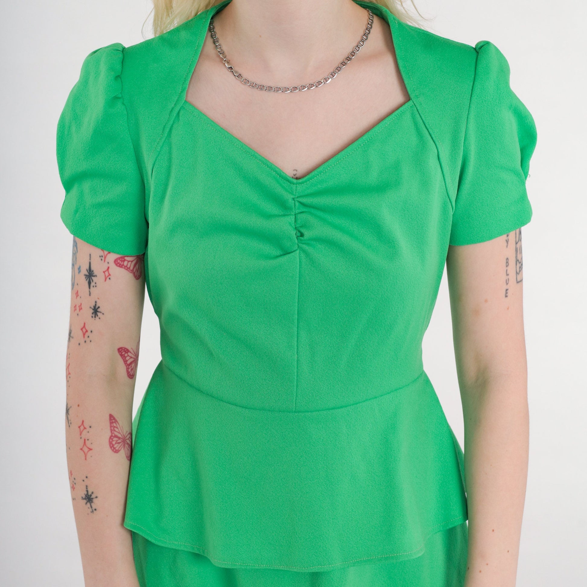 70s Spring Green Mini Dress Puff Sleeve V-Neck High Waist Peplum Small