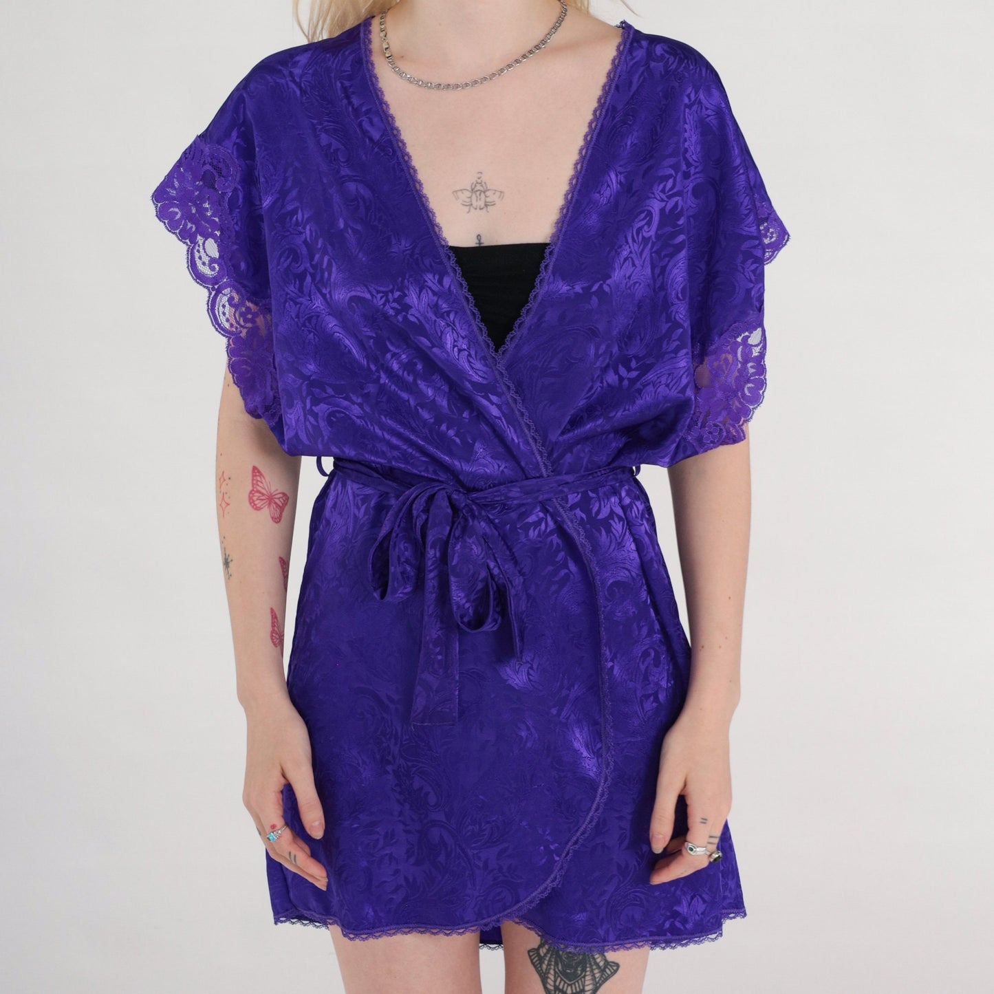 90s Purple Embossed Lingerie Robe Cap Sleeve Wrap Belted Mini Small S