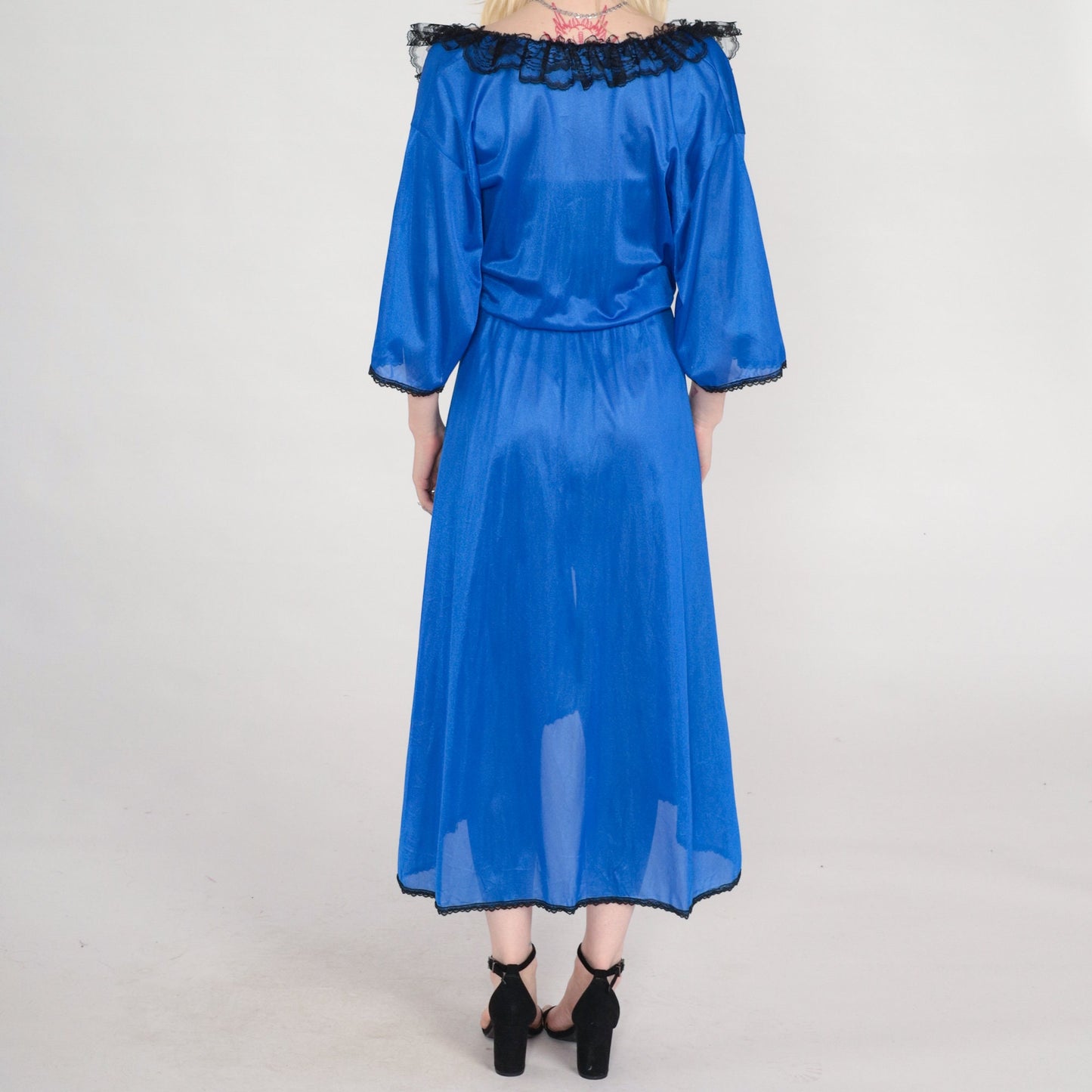 80s Frederick's of Hollywood Blue Lace Lingerie Robe High Low Hem Medium