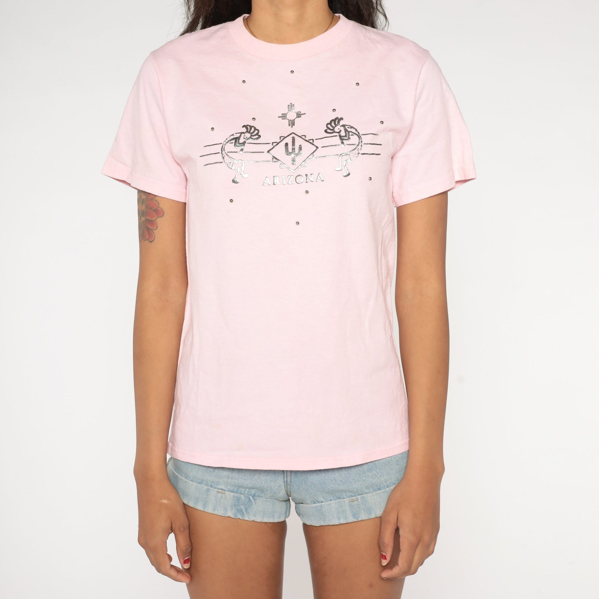 Y2K Arizona Kokopelli Graphic Tee Baby Pink Studded Small S