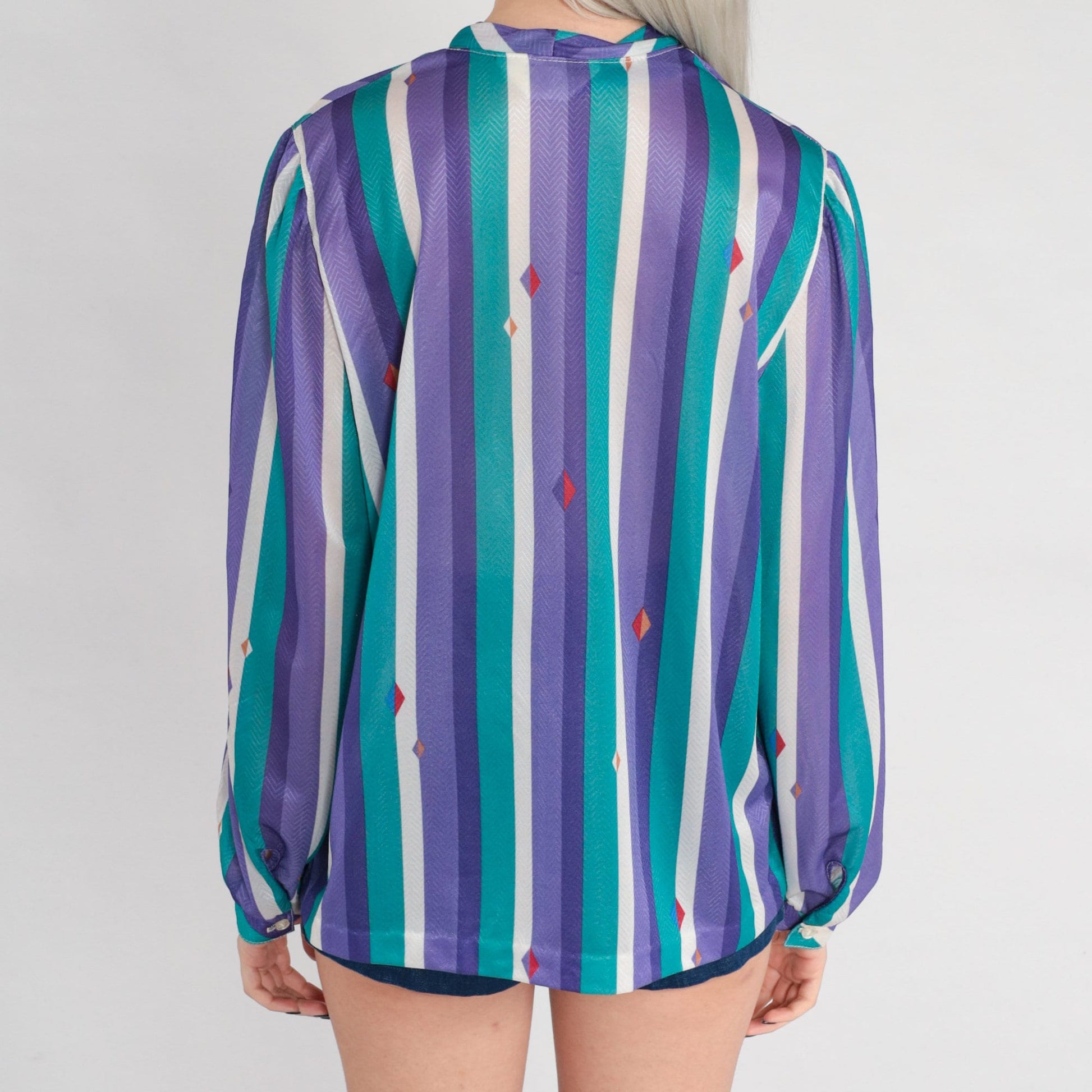 70s Striped Necktie Blouse Purple Green White Diamond Print Button Up Medium