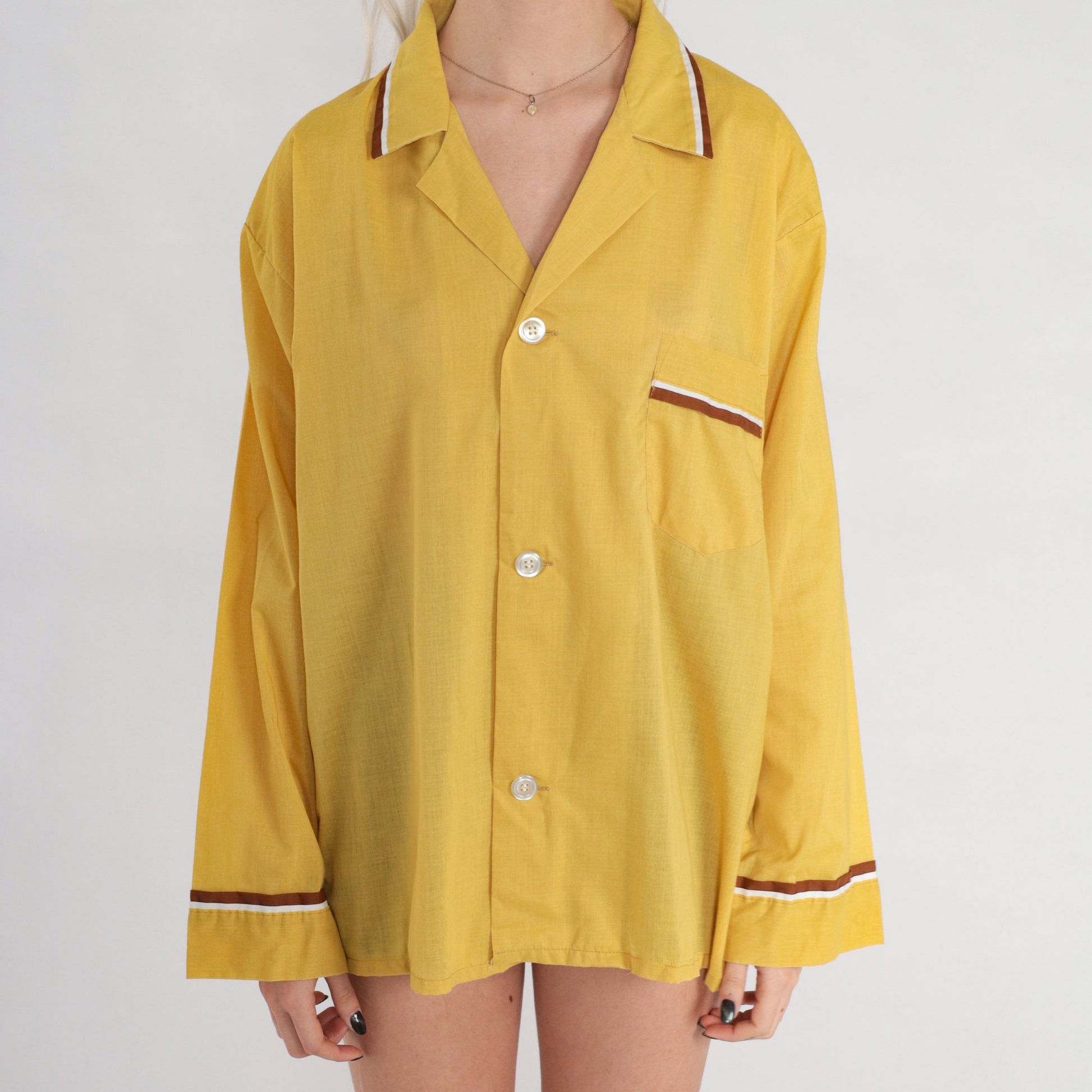 70s Selkirk Mustard Yellow Pajama Shirt Button-Up Long Sleeve Large