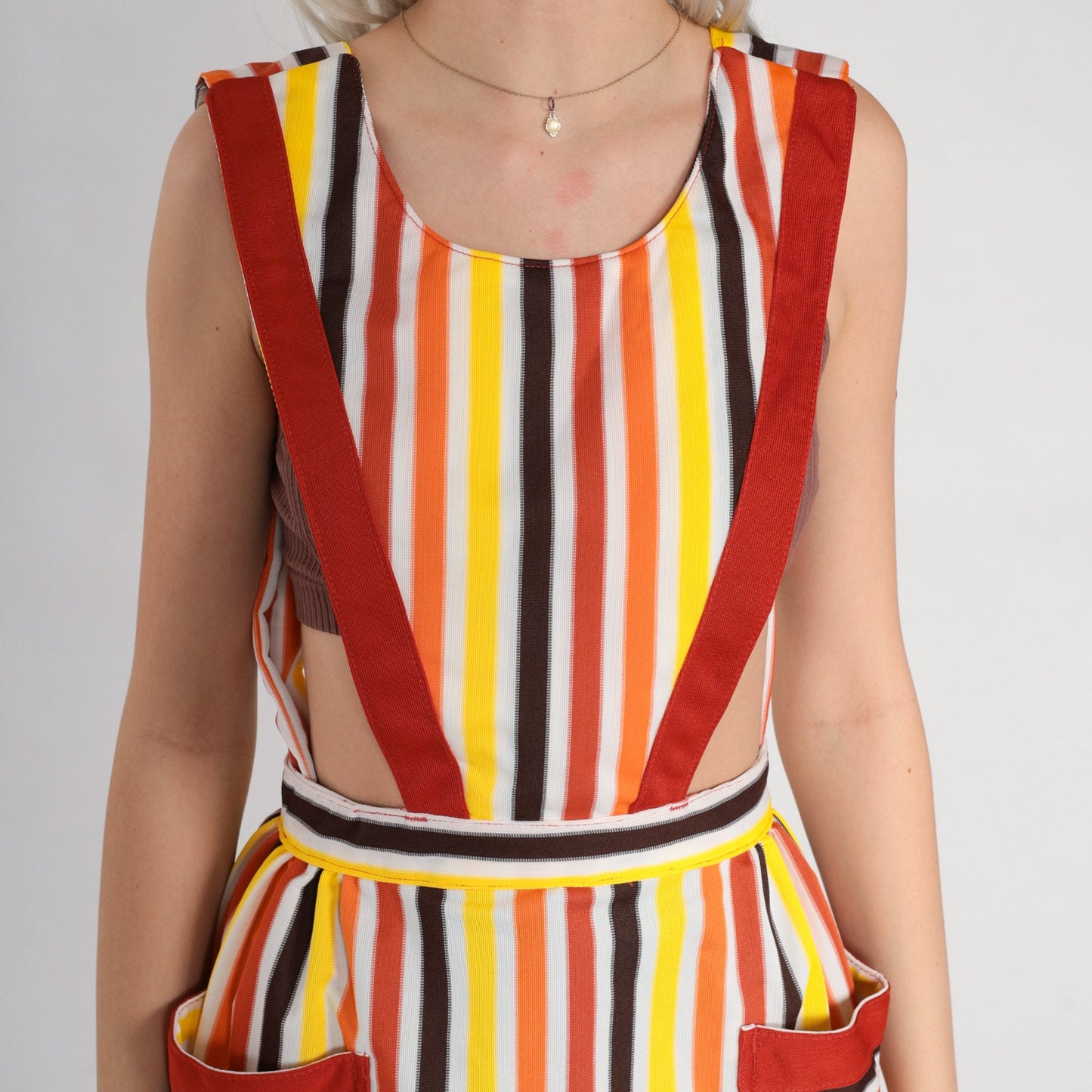 70s Striped Apron Dress Open Back Pinafore Mini XS Multicolor