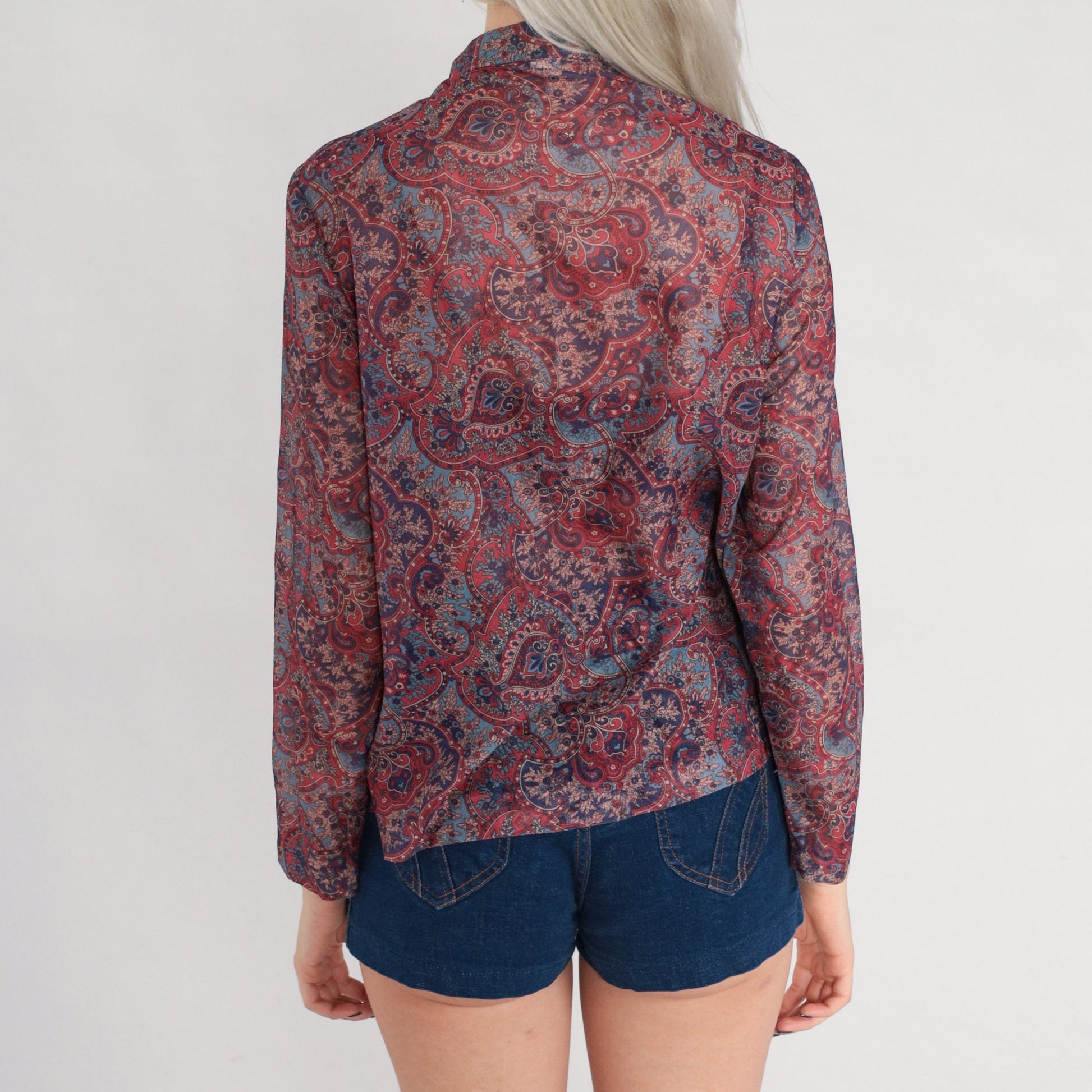 70s Indian Floral Open Front Blouse Mandarin Collar Long Sleeve Medium