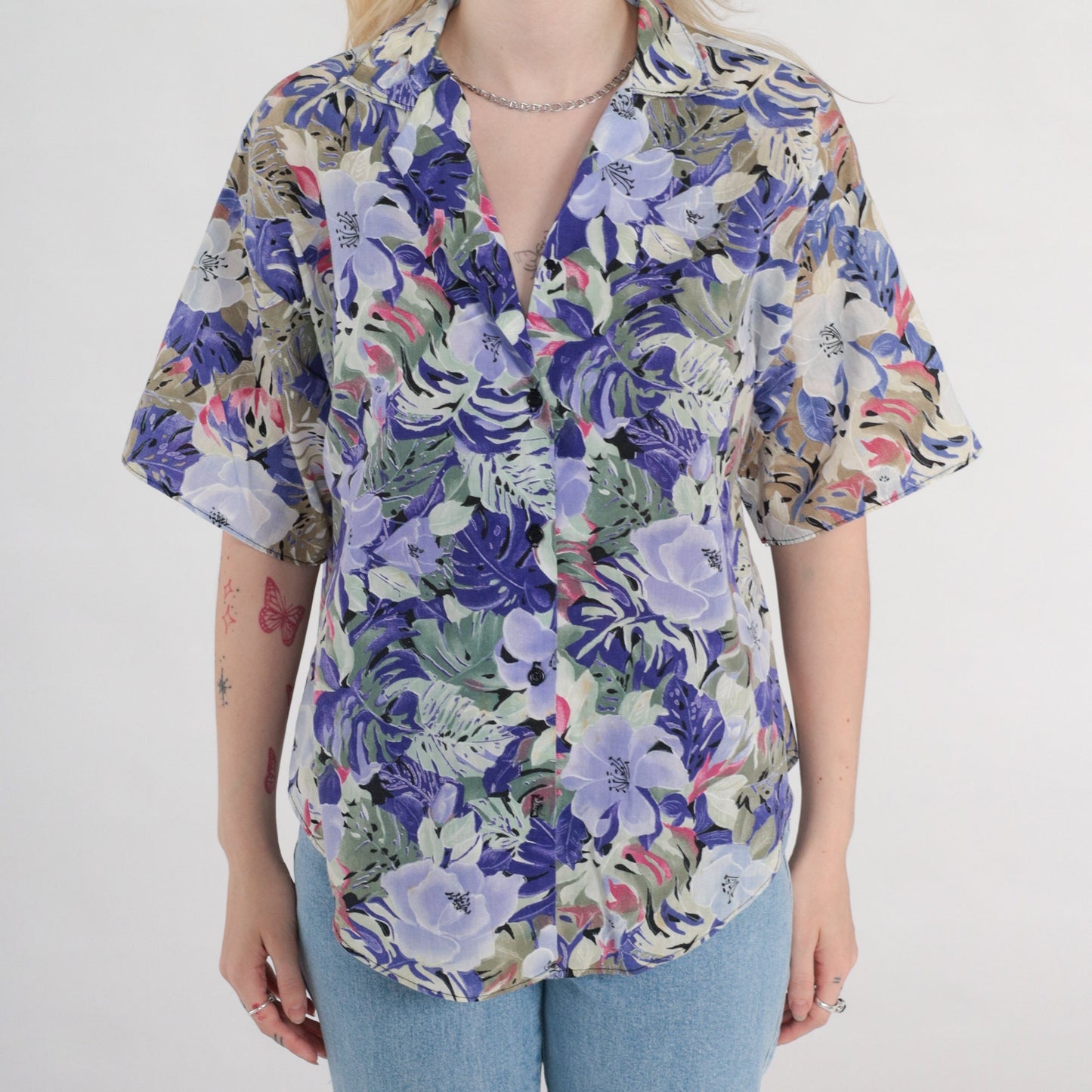 80s Floral Button Up Blouse Purple Green Short Sleeve Tropical Print Medium