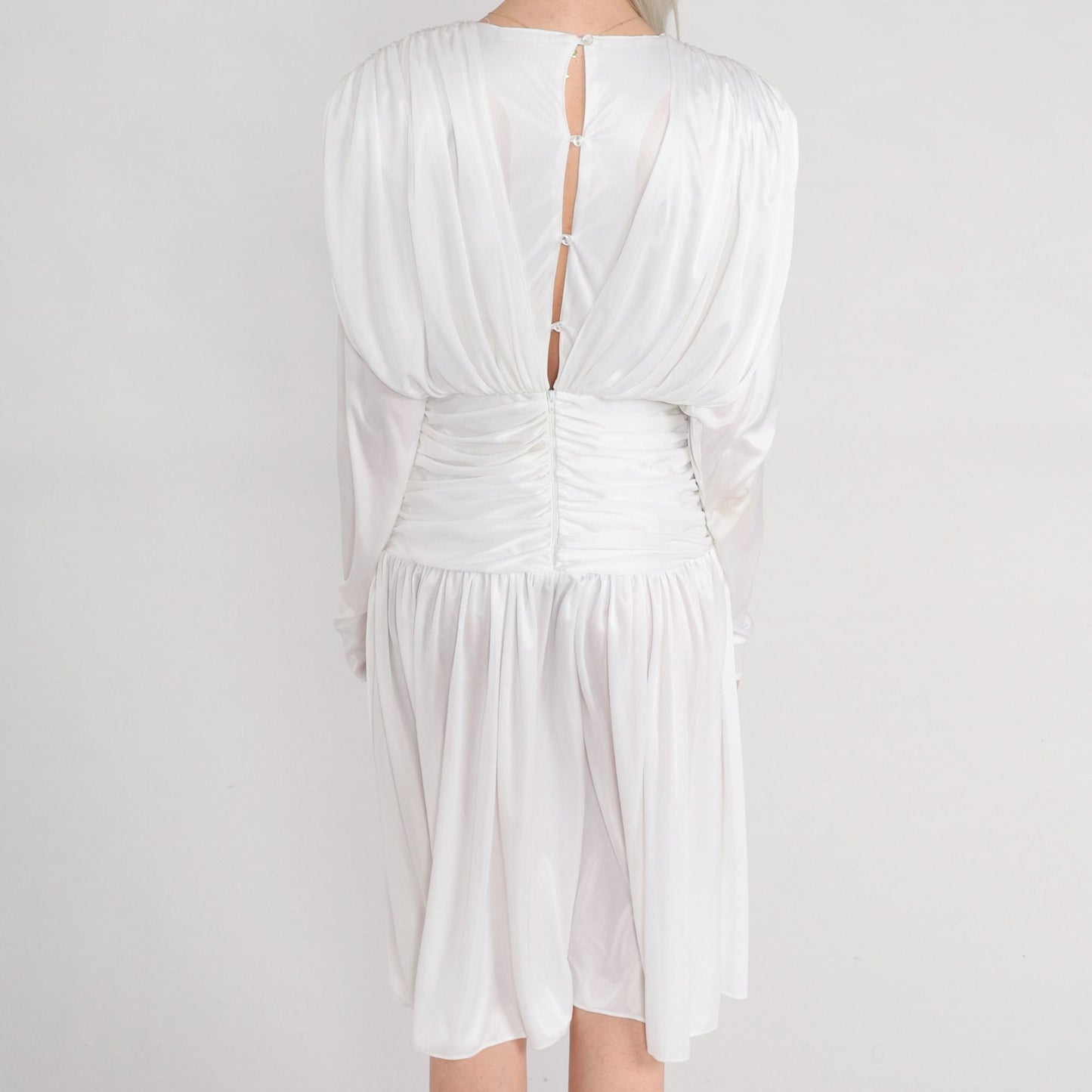 80s White Draped Midi Dress Long Sleeve Grecian Formal Small