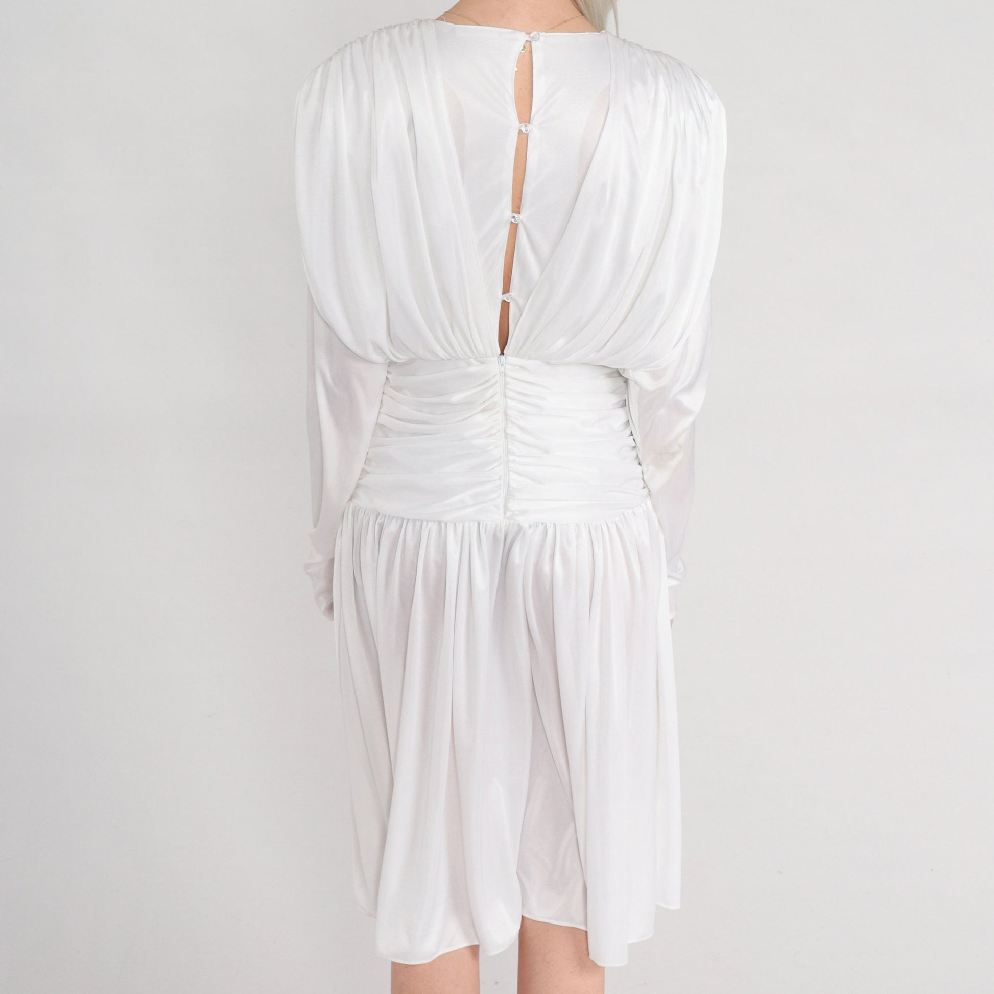 80s White Draped Midi Dress Long Sleeve Grecian Formal Small