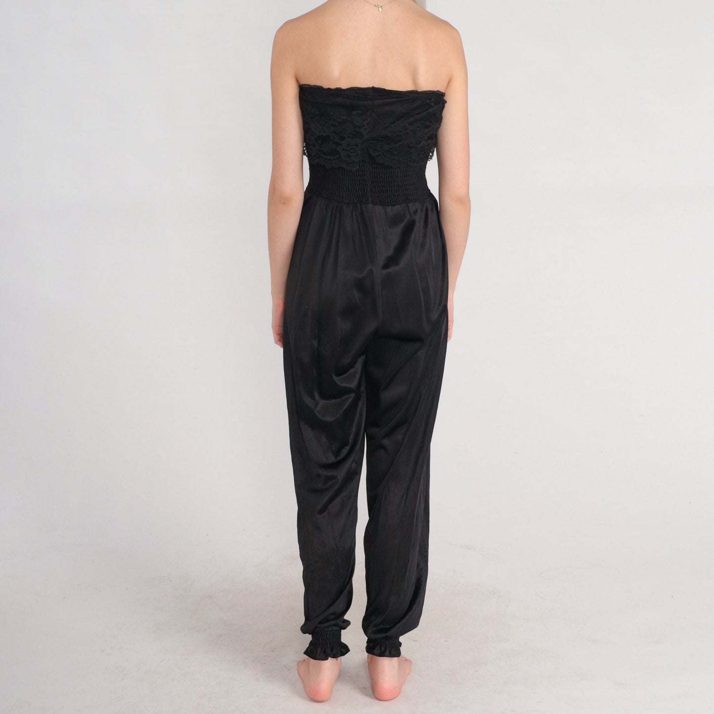 80s Black Strapless Lingerie Jumpsuit Lace Trim High Waist Nylon Medium Large