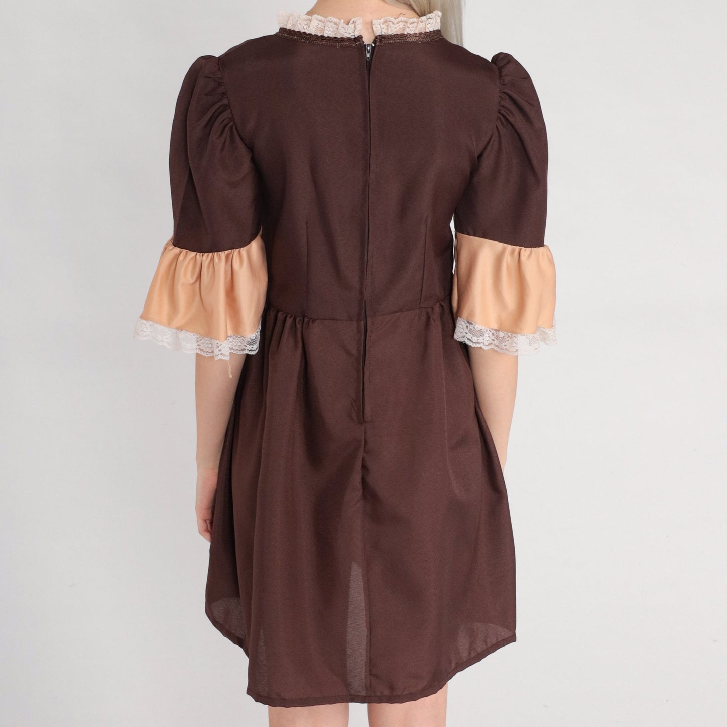 Y2K Brown Cotton Mini Dress Puff Sleeve Lace-Up Chest Extra Small