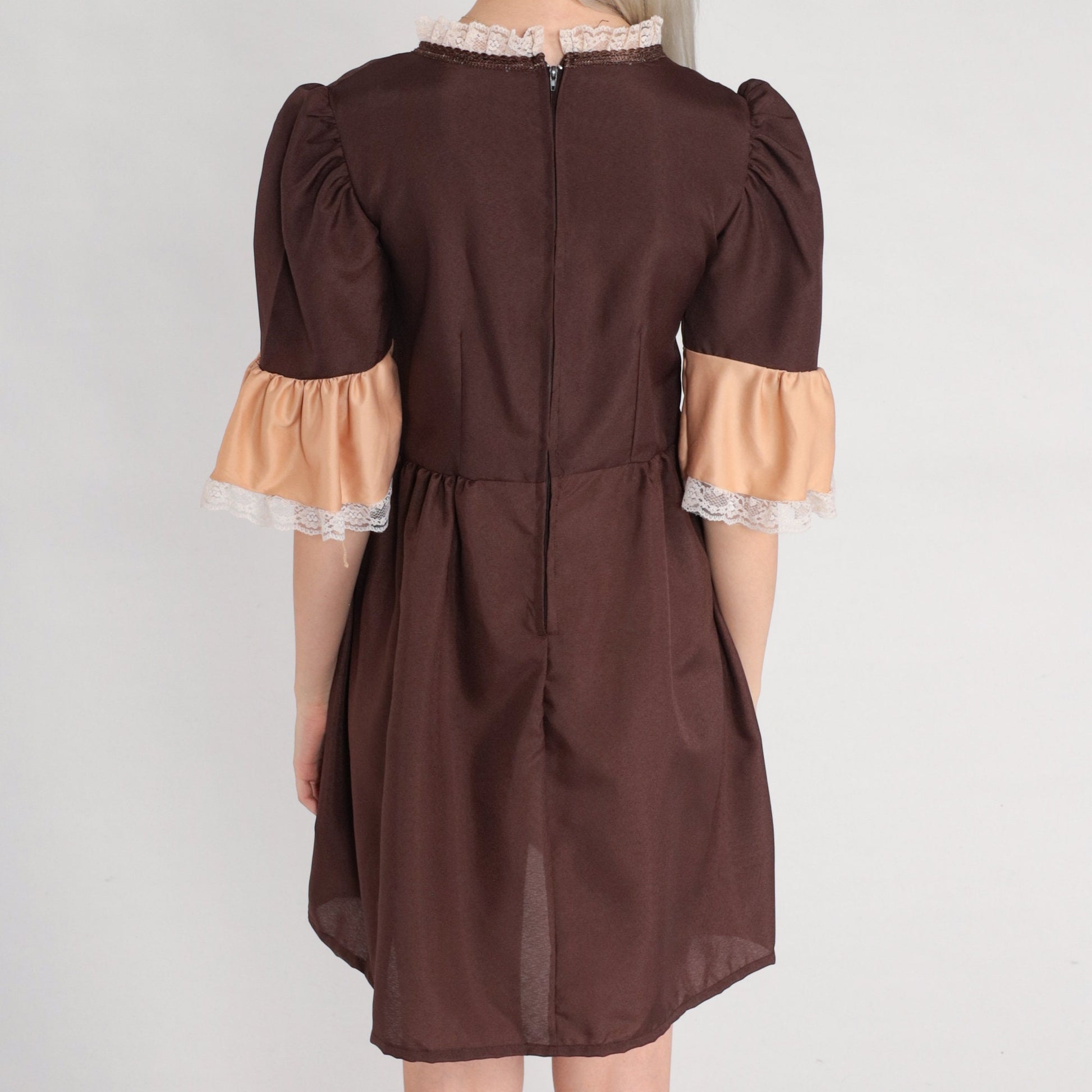 Y2K Brown Cotton Mini Dress Puff Sleeve Lace-Up Chest Extra Small