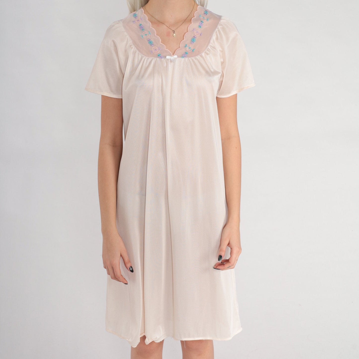 00s Pink Nightgown Floral Embroidered Mesh Trim Mini Nylon Nightie Small