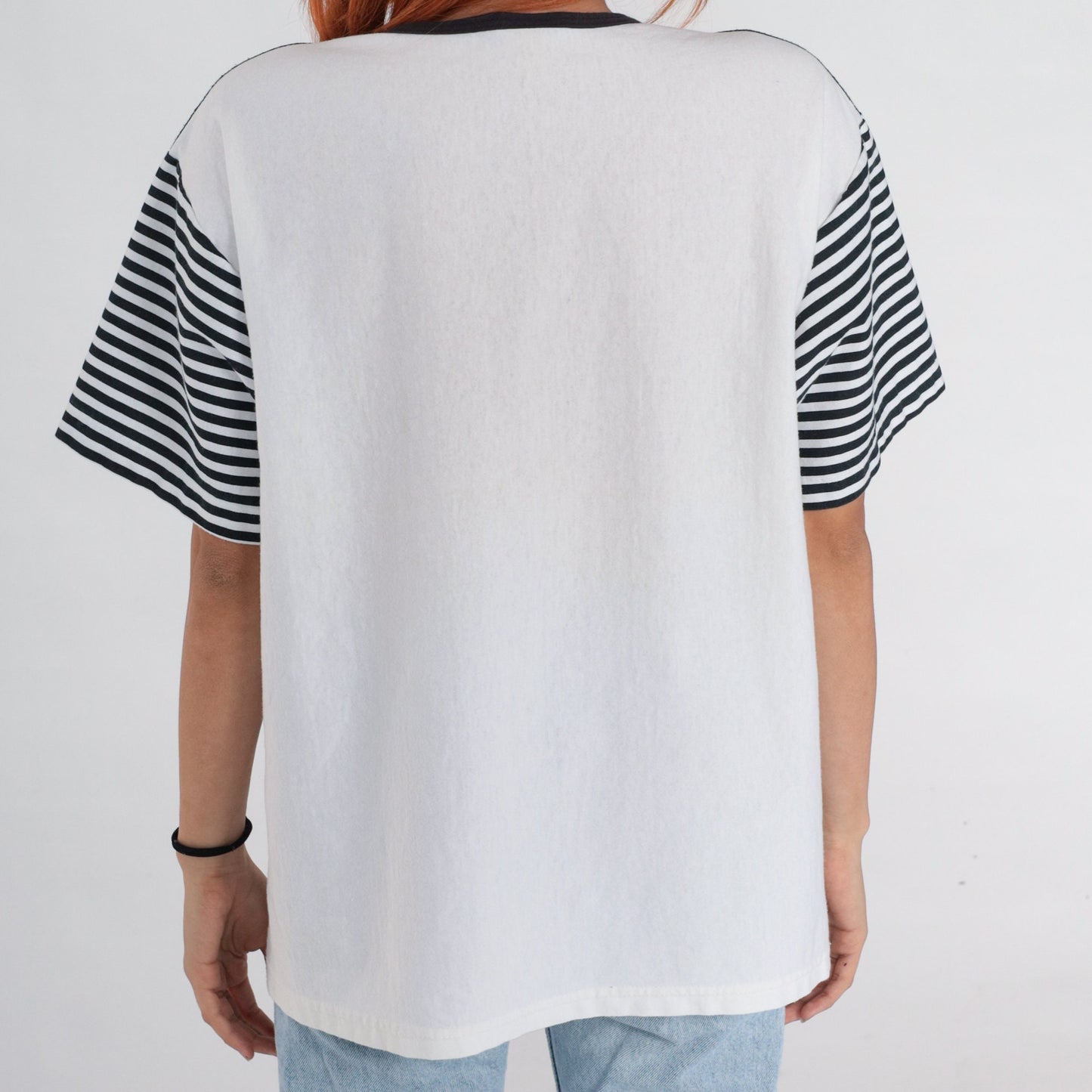 90s Black White Striped T-Shirt Lace-Up Corset Neckline Extra Large