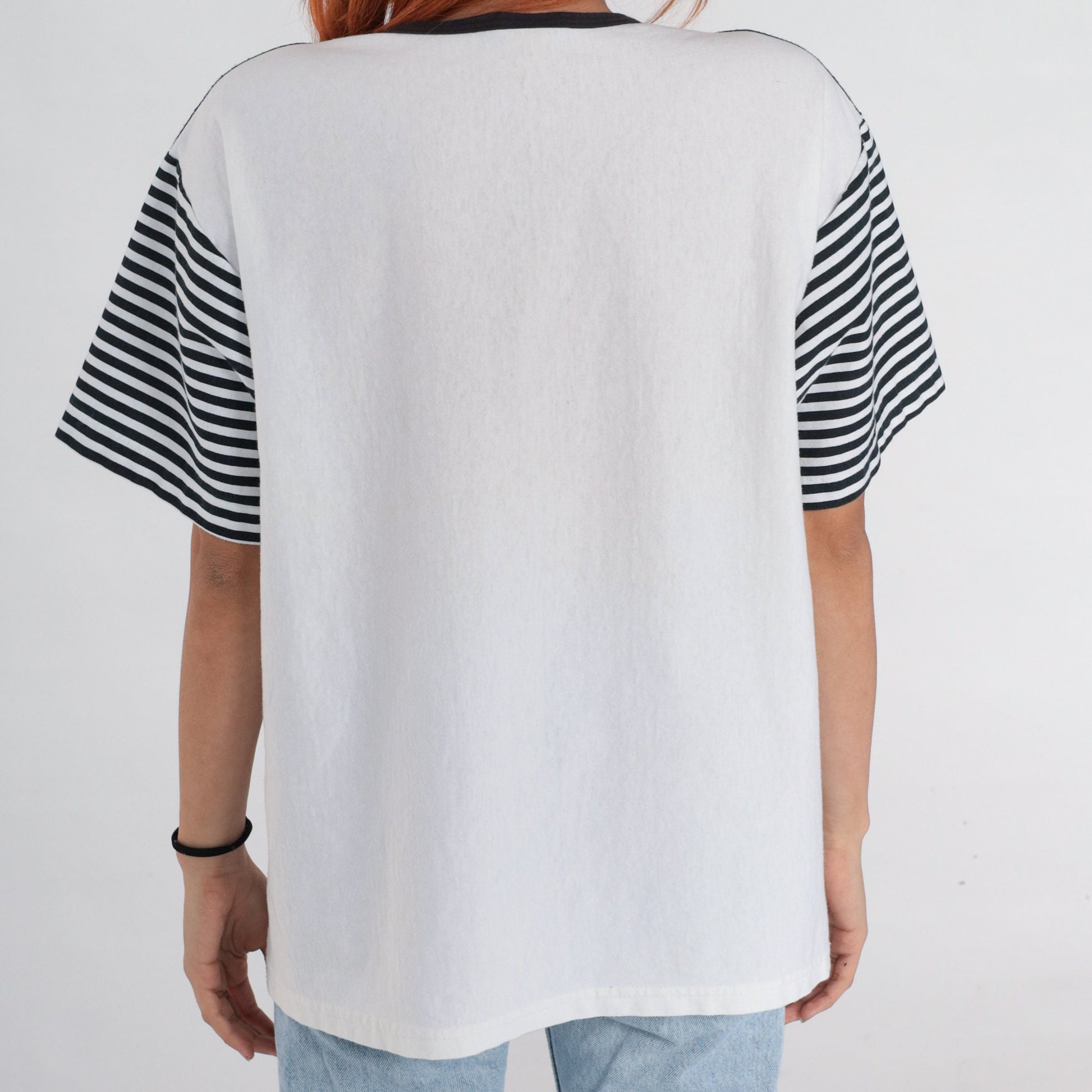 90s Black White Striped T-Shirt Lace-Up Corset Neckline Extra Large