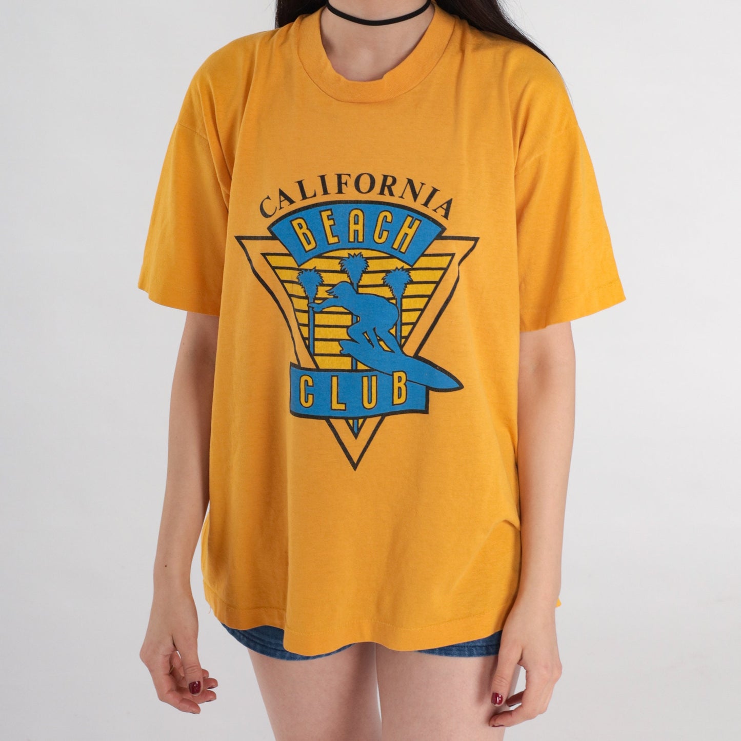 80s California Beach Club Graphic T-Shirt Yellow Single Stitch Large L