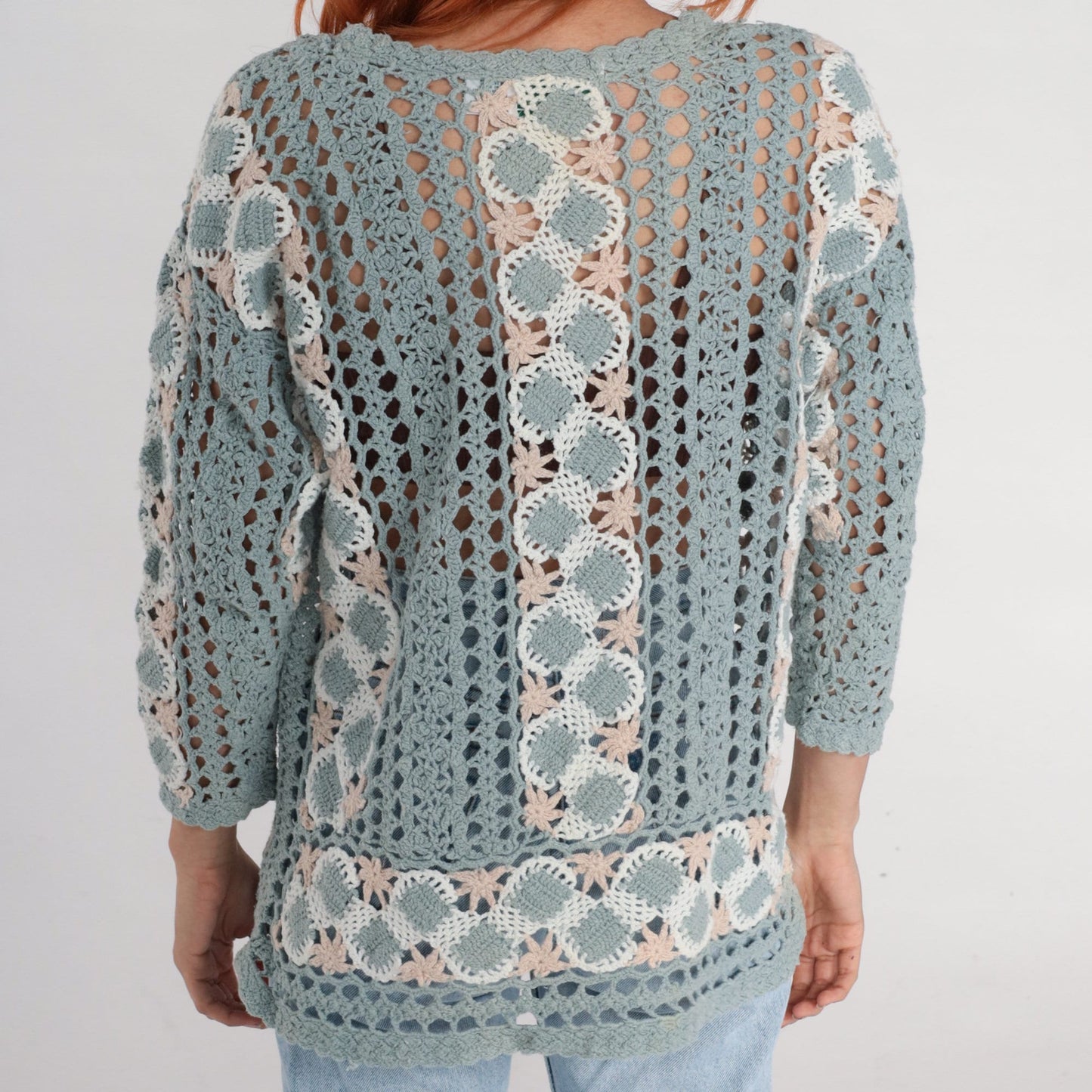00s Blue Crochet V-Neck Sweater Sheer Cutwork Knit Medium