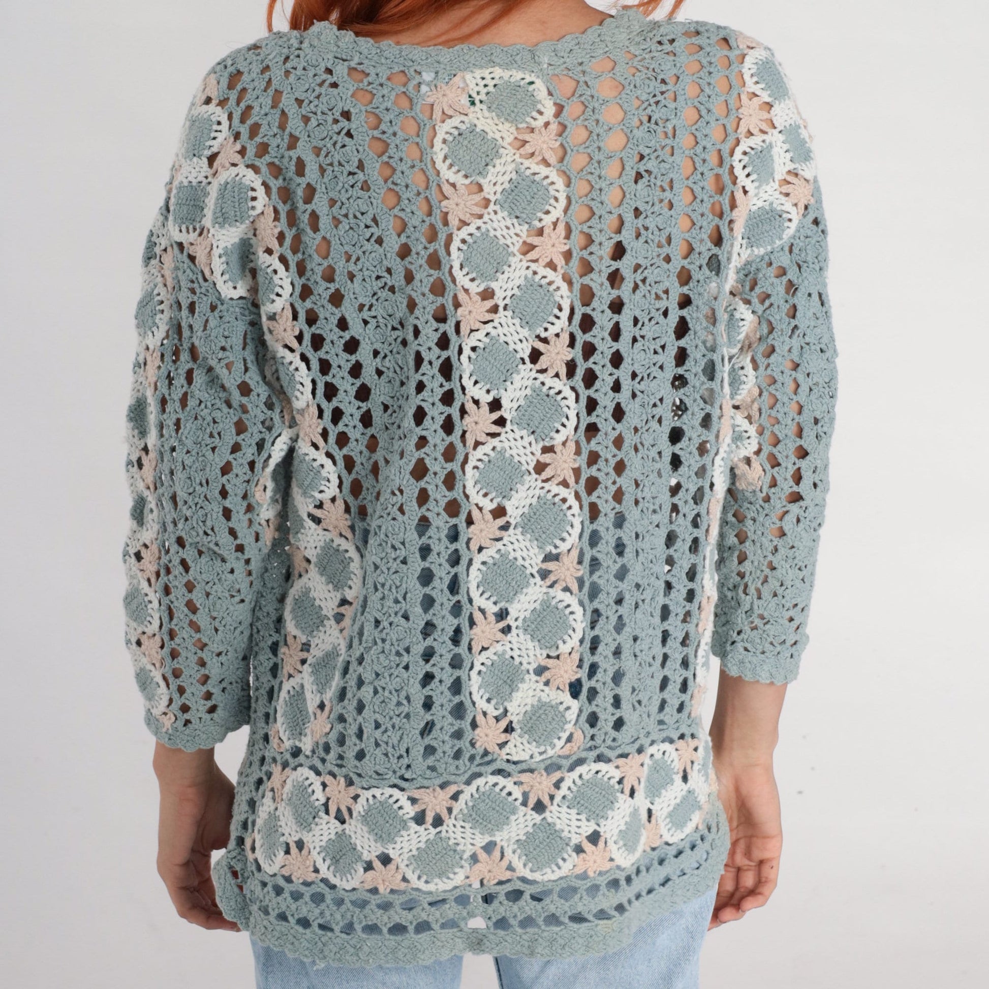 00s Blue Crochet V-Neck Sweater Sheer Cutwork Knit Medium