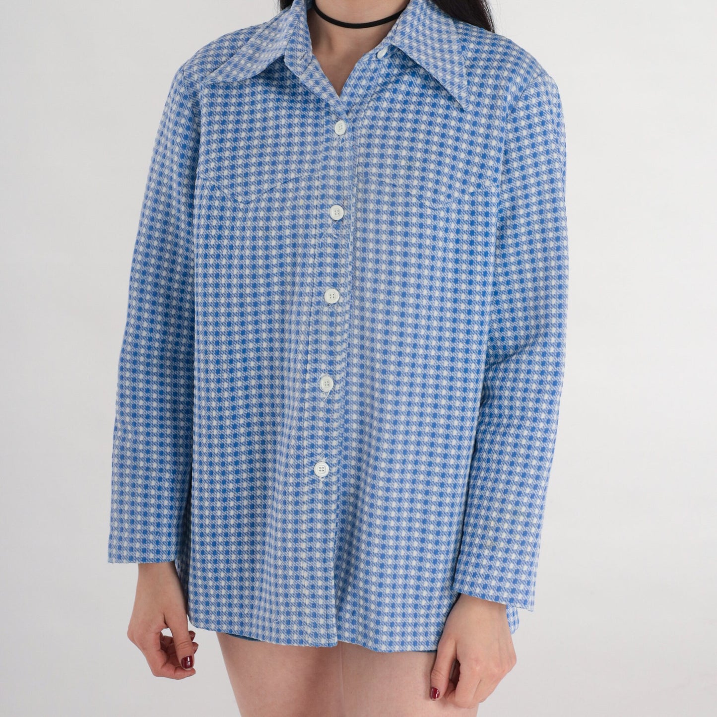 70s Western Shirt Blue Checkered Button-Up Blouse Long Sleeve Medium Large