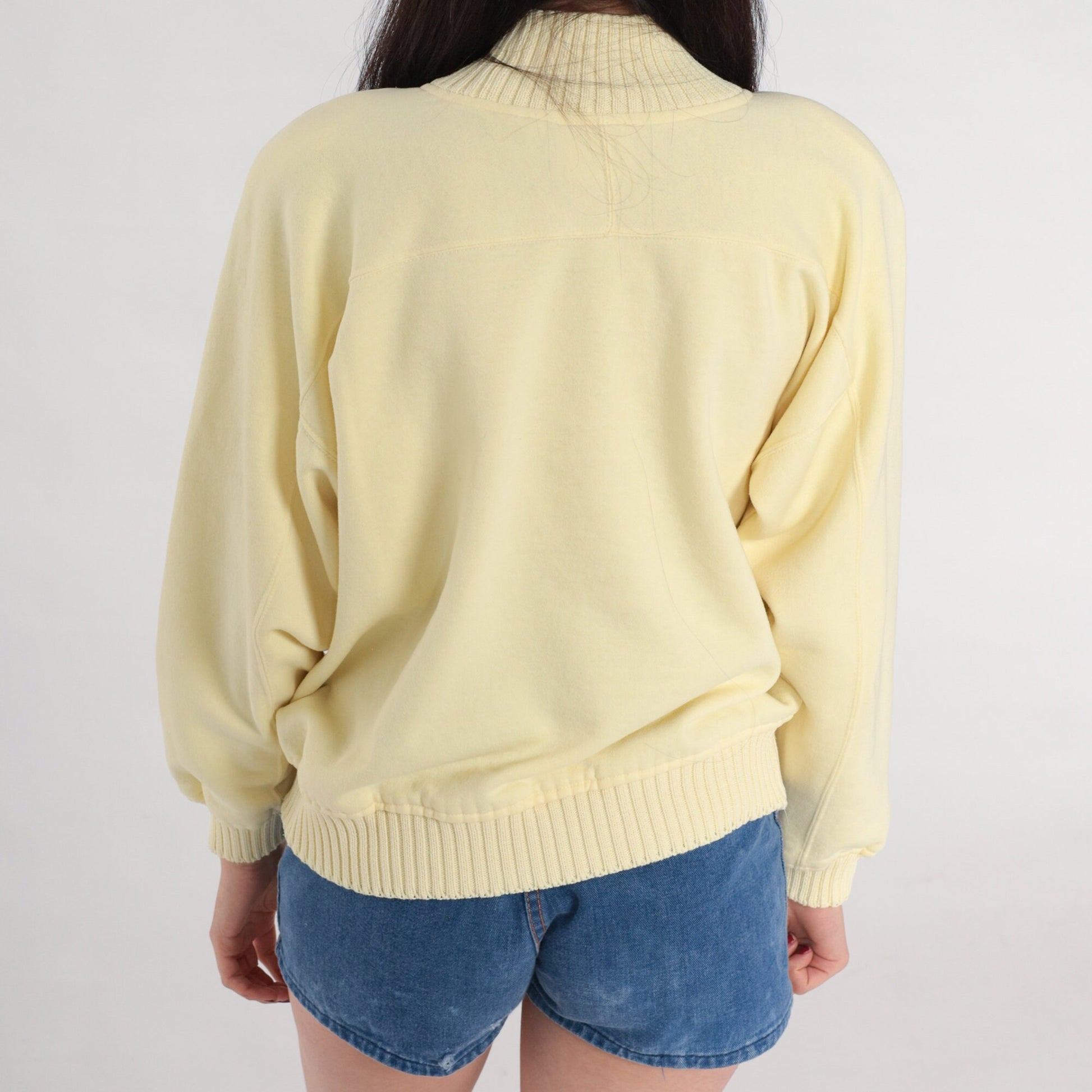 80s Pale Yellow Mockneck Sweatshirt Knit Trim Chest Pocket Medium
