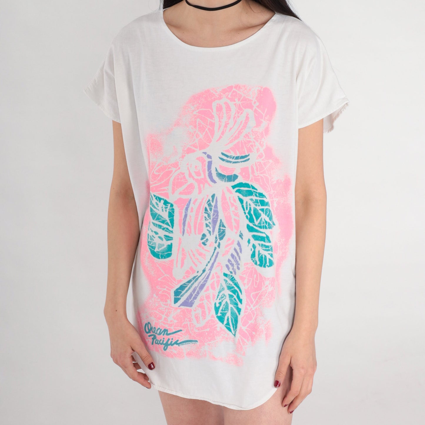 80s Ocean Pacific Tropical Bird T-Shirt Dress White Parrot Graphic Mini Small Medium