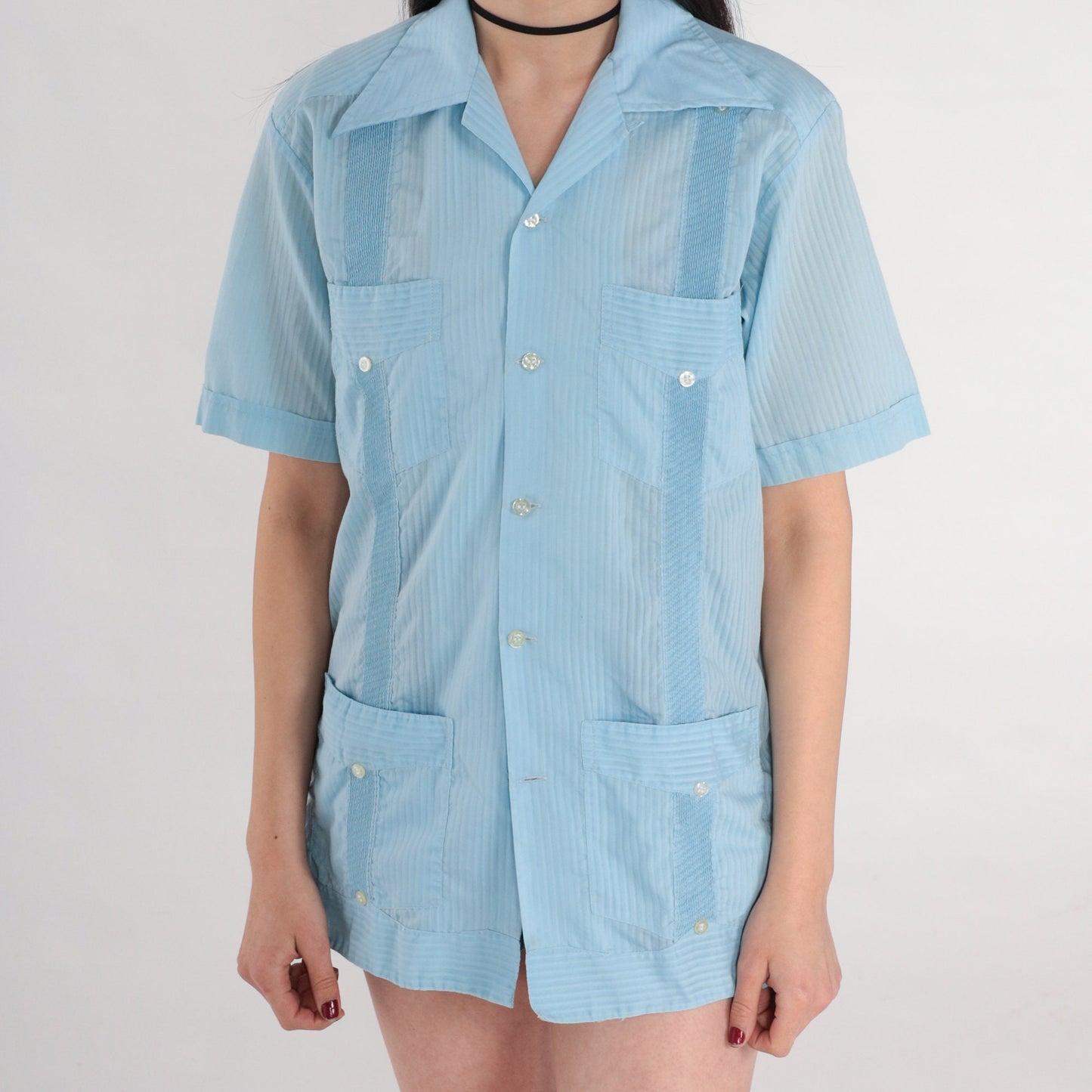 70s Blue Striped Button-Up Shirt Dagger Collar Short Sleeve Men's Small