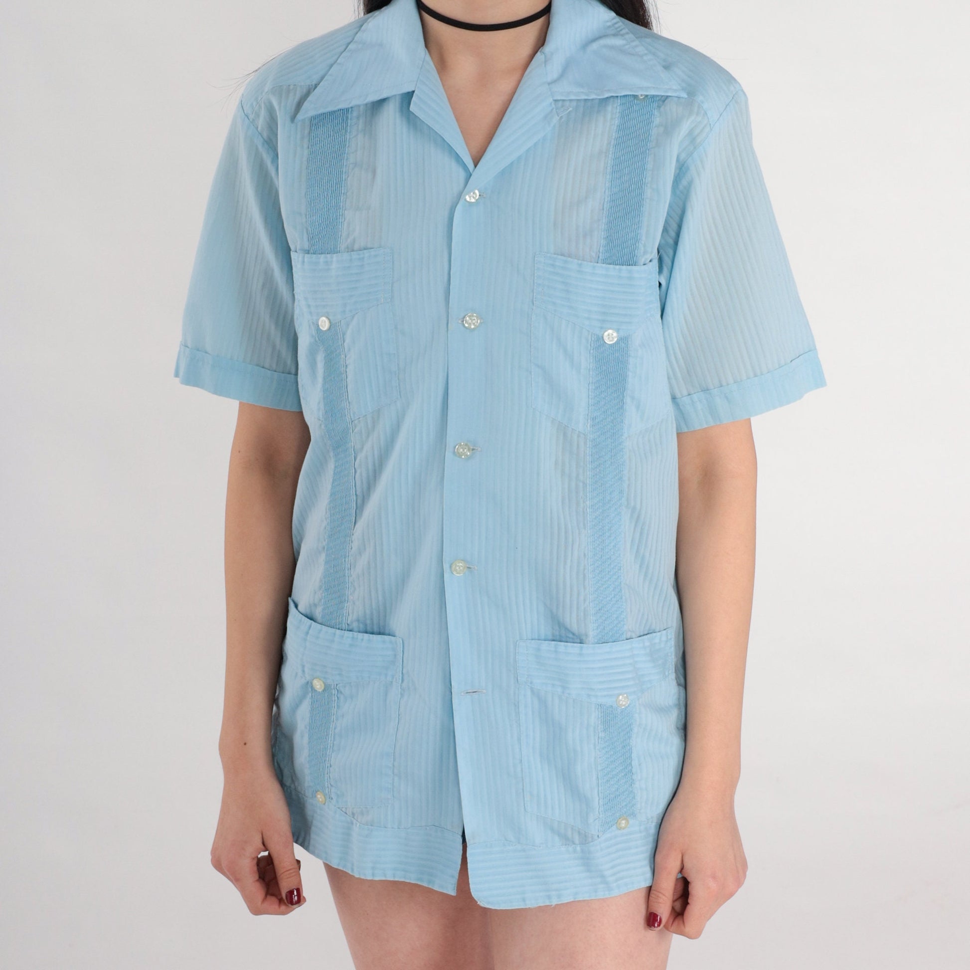 70s Blue Striped Button-Up Shirt Dagger Collar Short Sleeve Men's Small