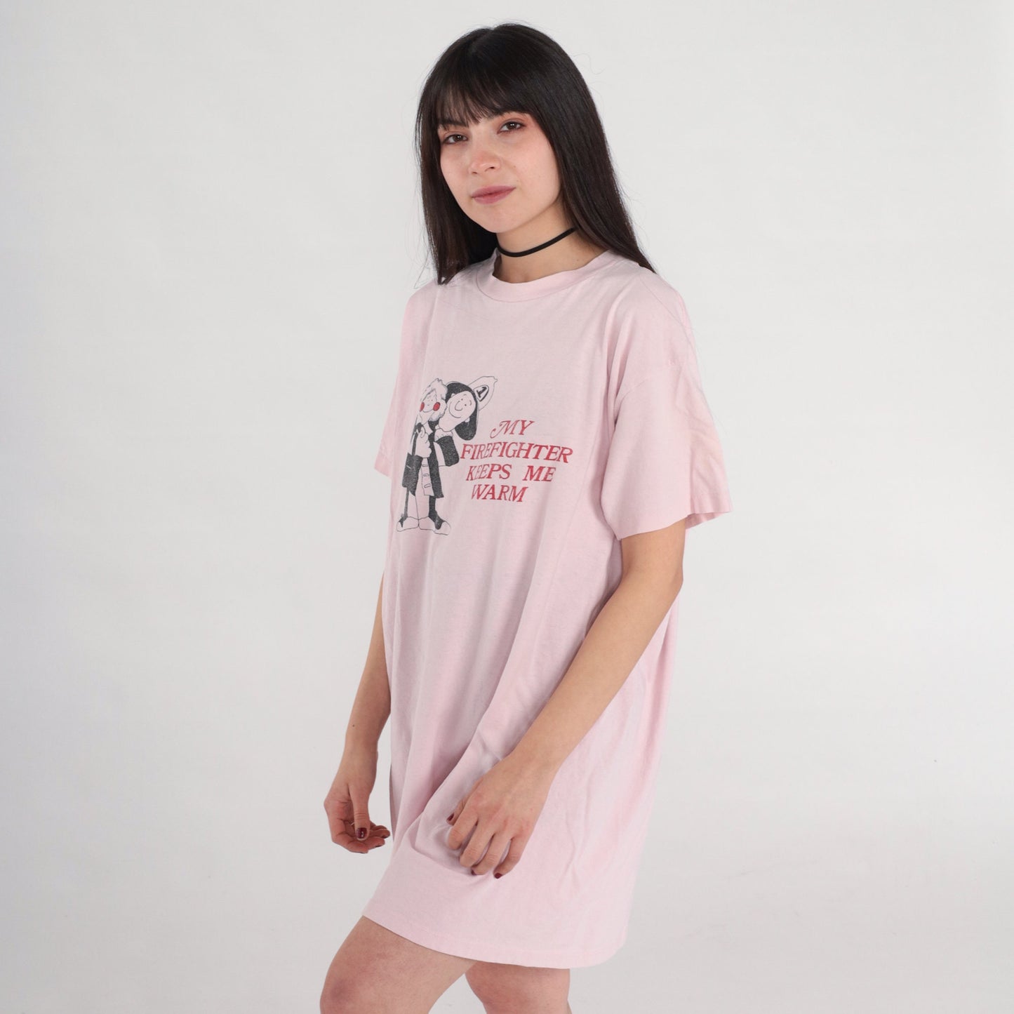 90s Firefighter Keeps Me Warm T-Shirt Dress Baby Pink Sleep Mini Cotton Small