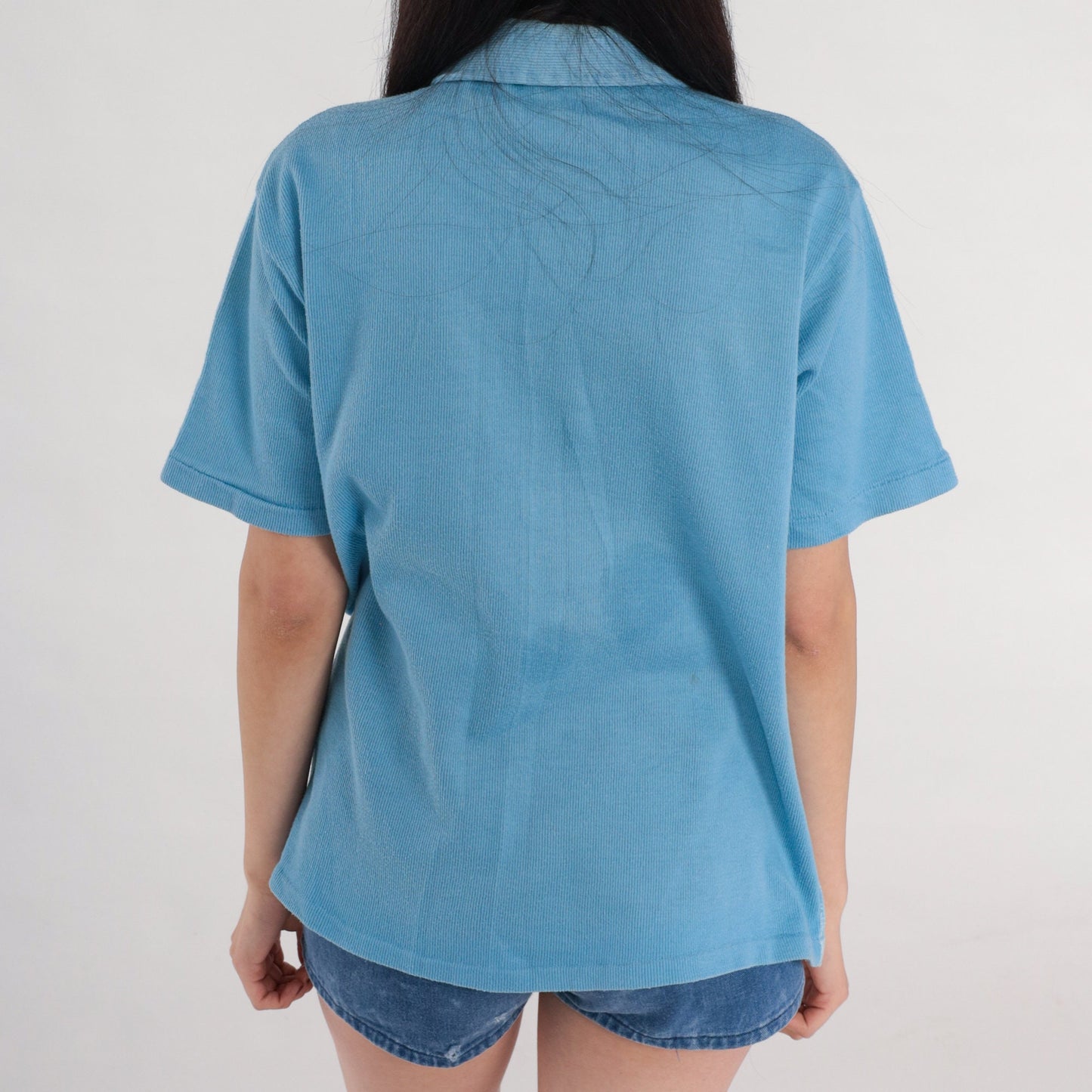 70s Blue Checkered Polo Shirt Collared Short Sleeve Button Up Medium