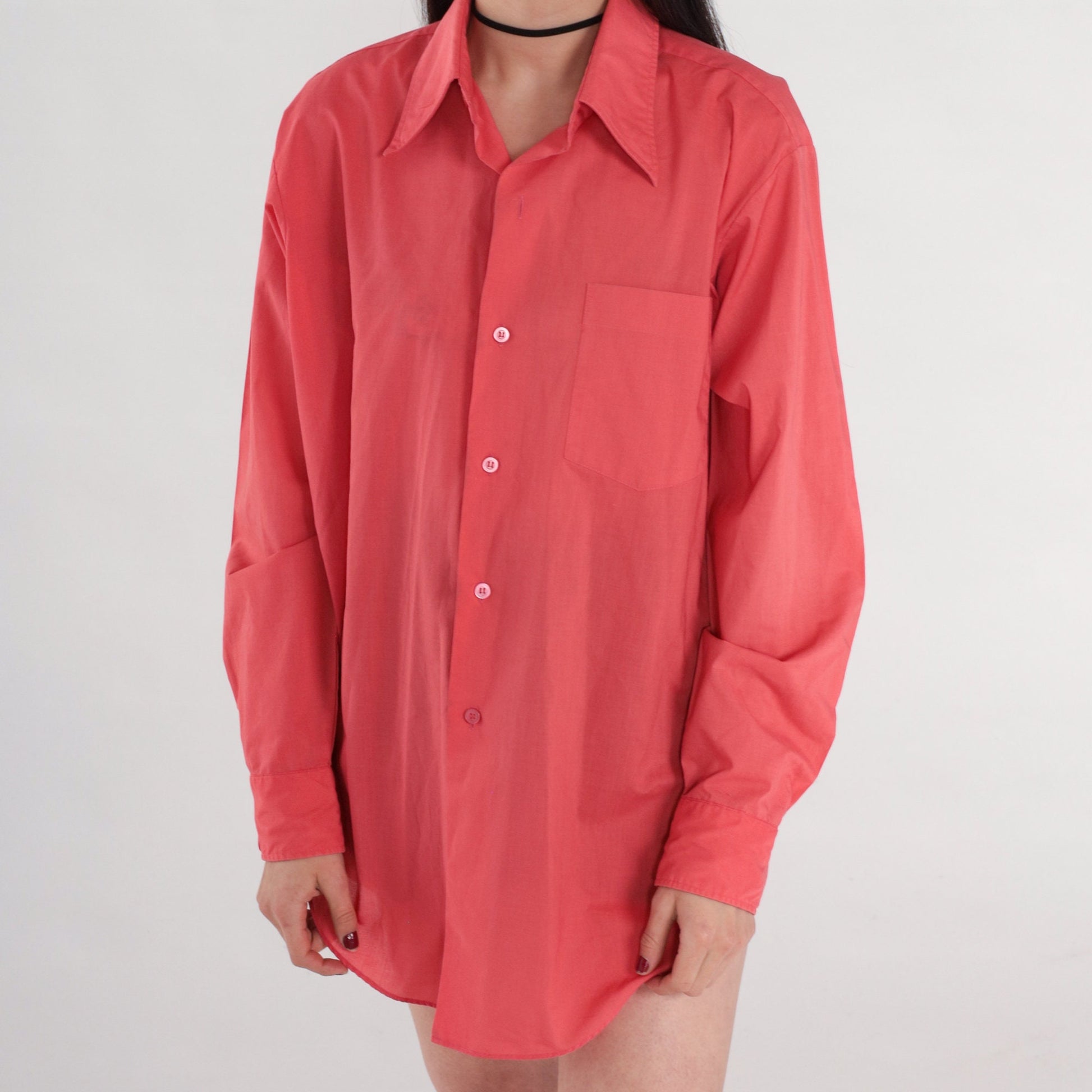 70s Coral Pink Button-Up Shirt Long Sleeve Collared Oxford Large
