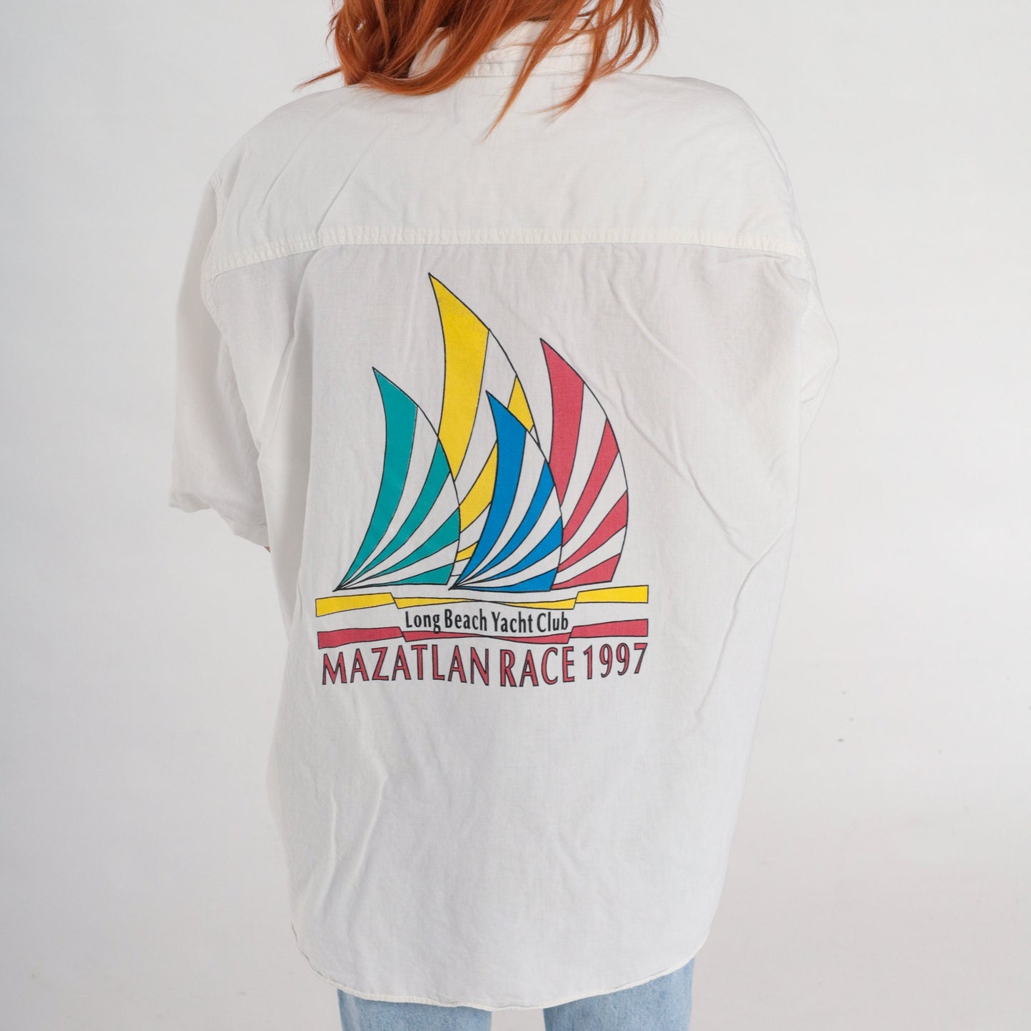 90s Long Beach Yacht Club Mazatlan Race 1997 Sailboat Button-Up Shirt White Extra Large