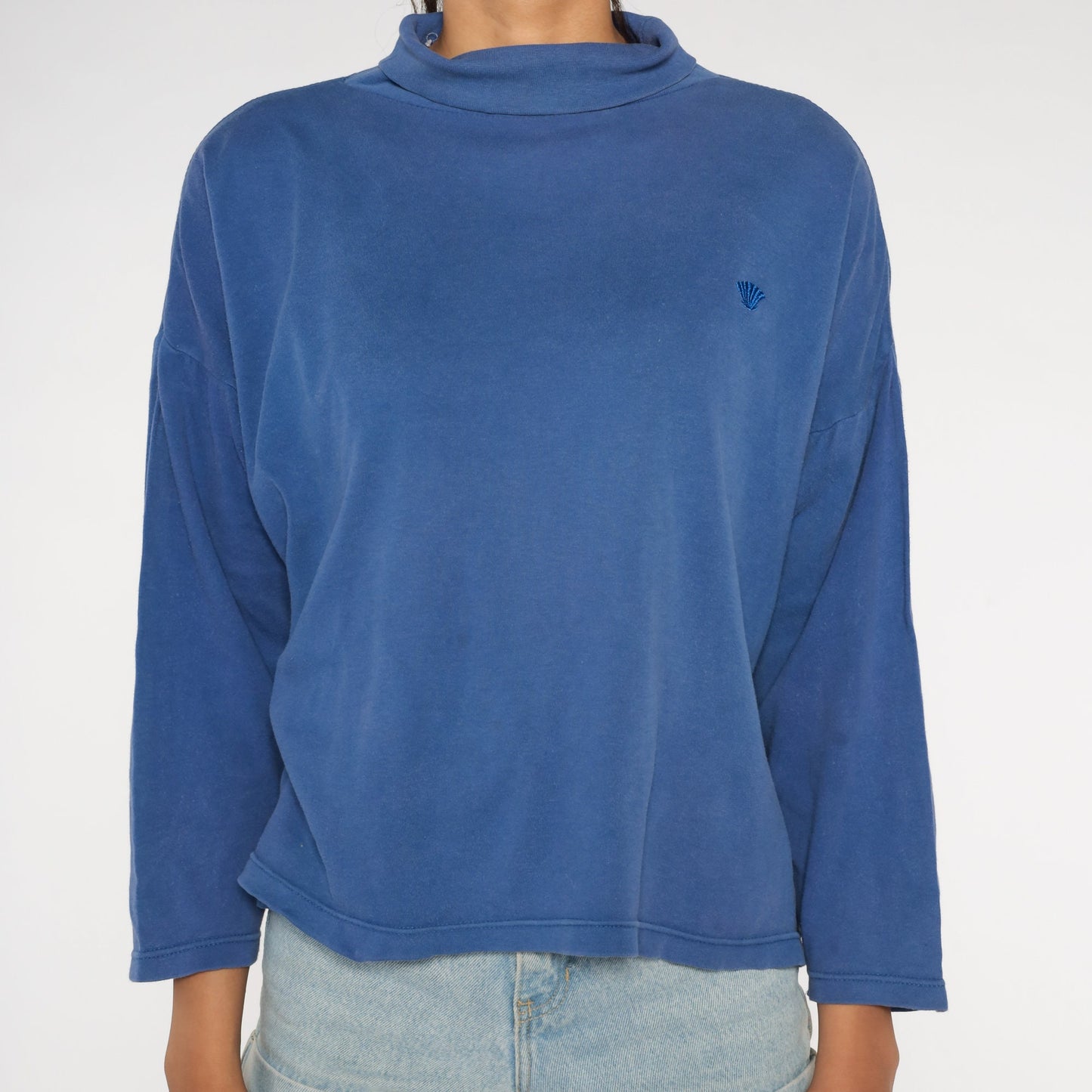 90s Blue Turtleneck Long Sleeve Shirt Seashell Embroidered Extra Large