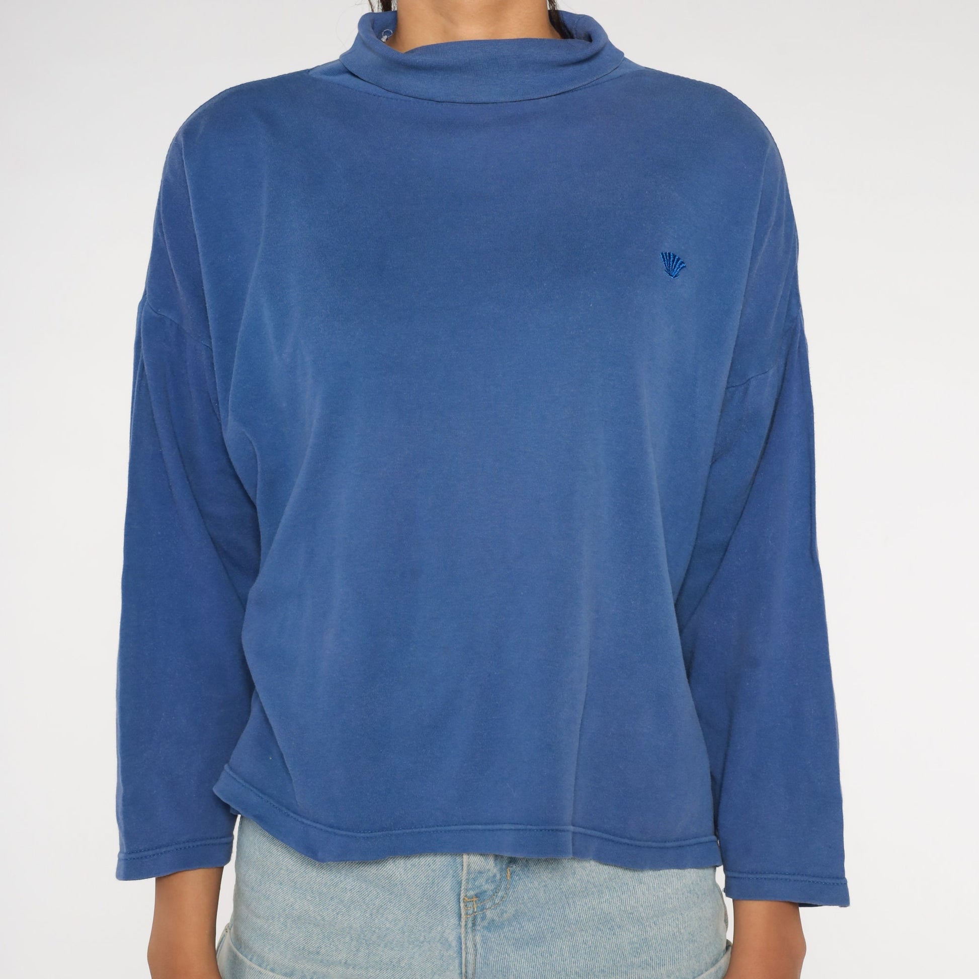 90s Blue Turtleneck Long Sleeve Shirt Seashell Embroidered Extra Large