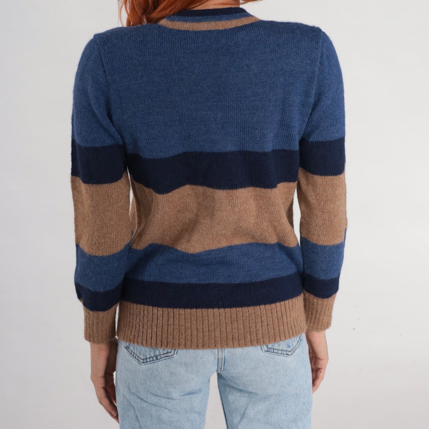 90s Alpaca Wool V-Neck Sweater Tan Blue Striped Pullover Small S