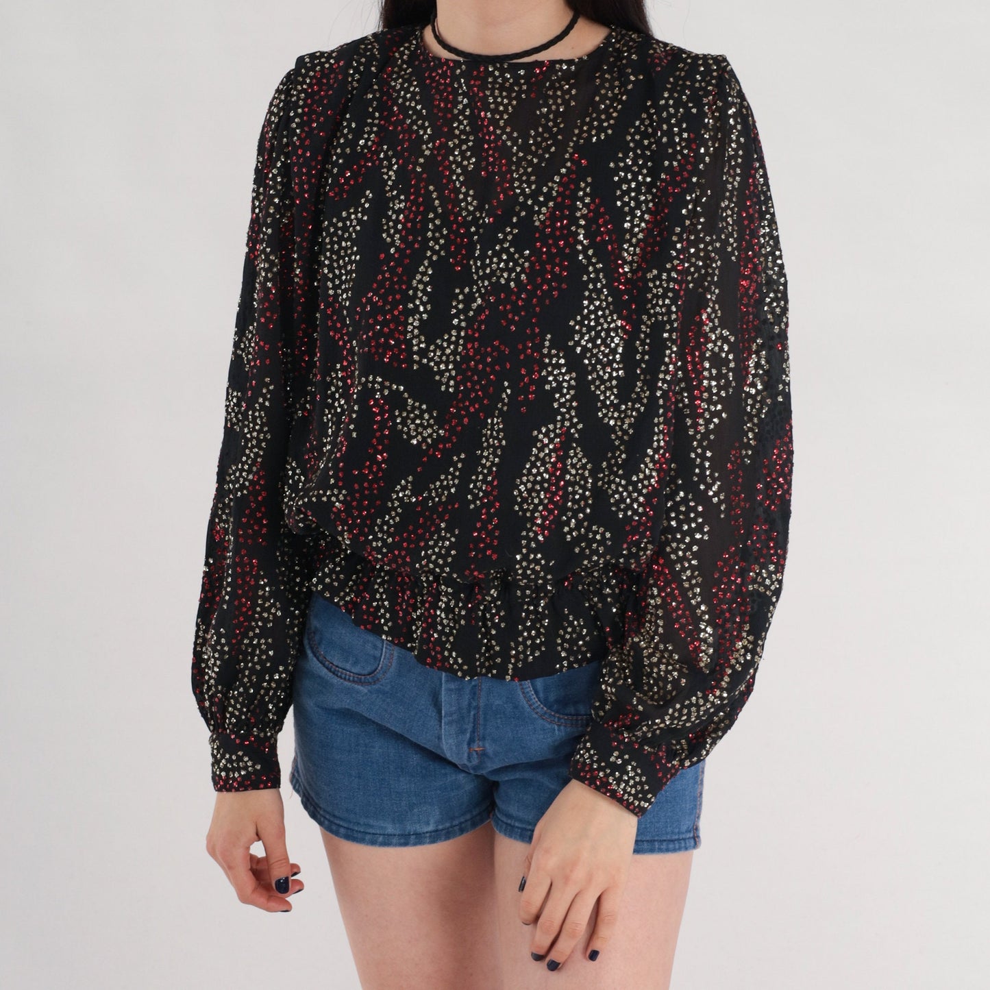 80s Metallic Blouse Black Silver Red Abstract Puff Sleeve Small