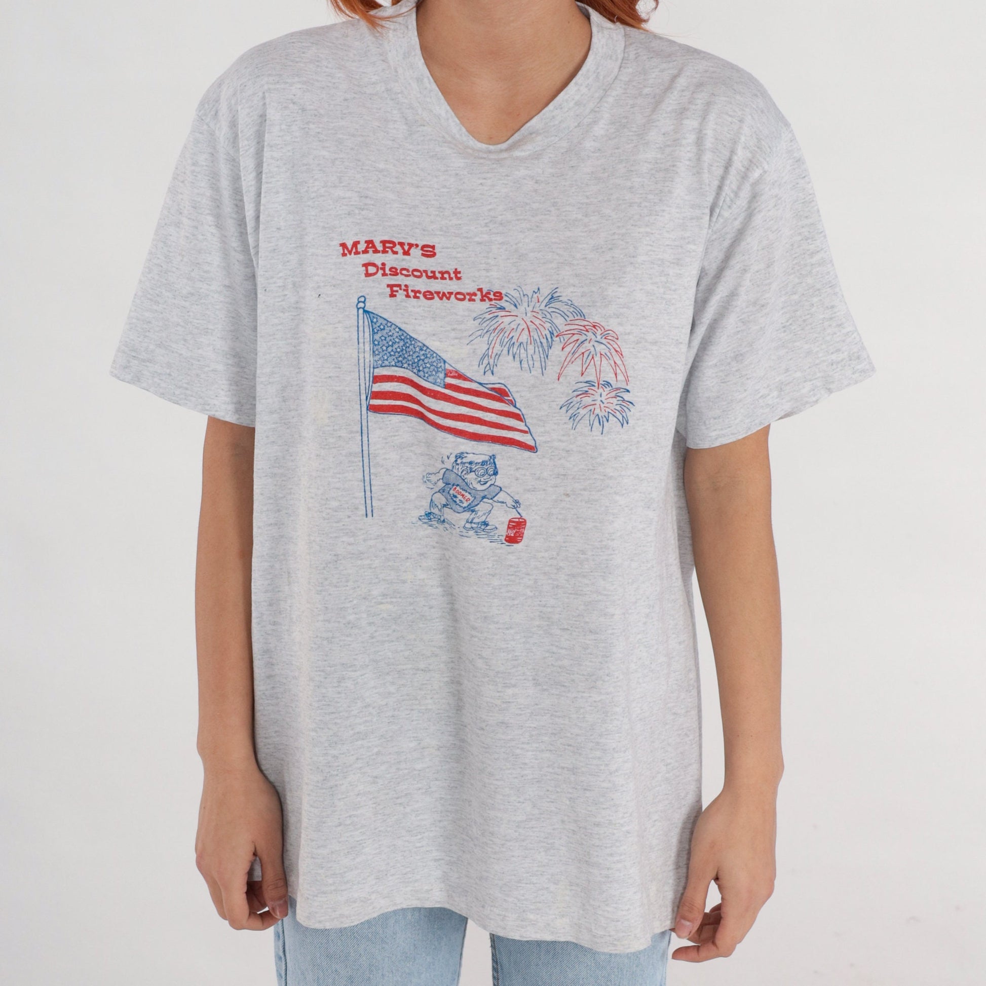 90s Marv's Discount Fireworks American Flag Graphic T-Shirt Grey Large