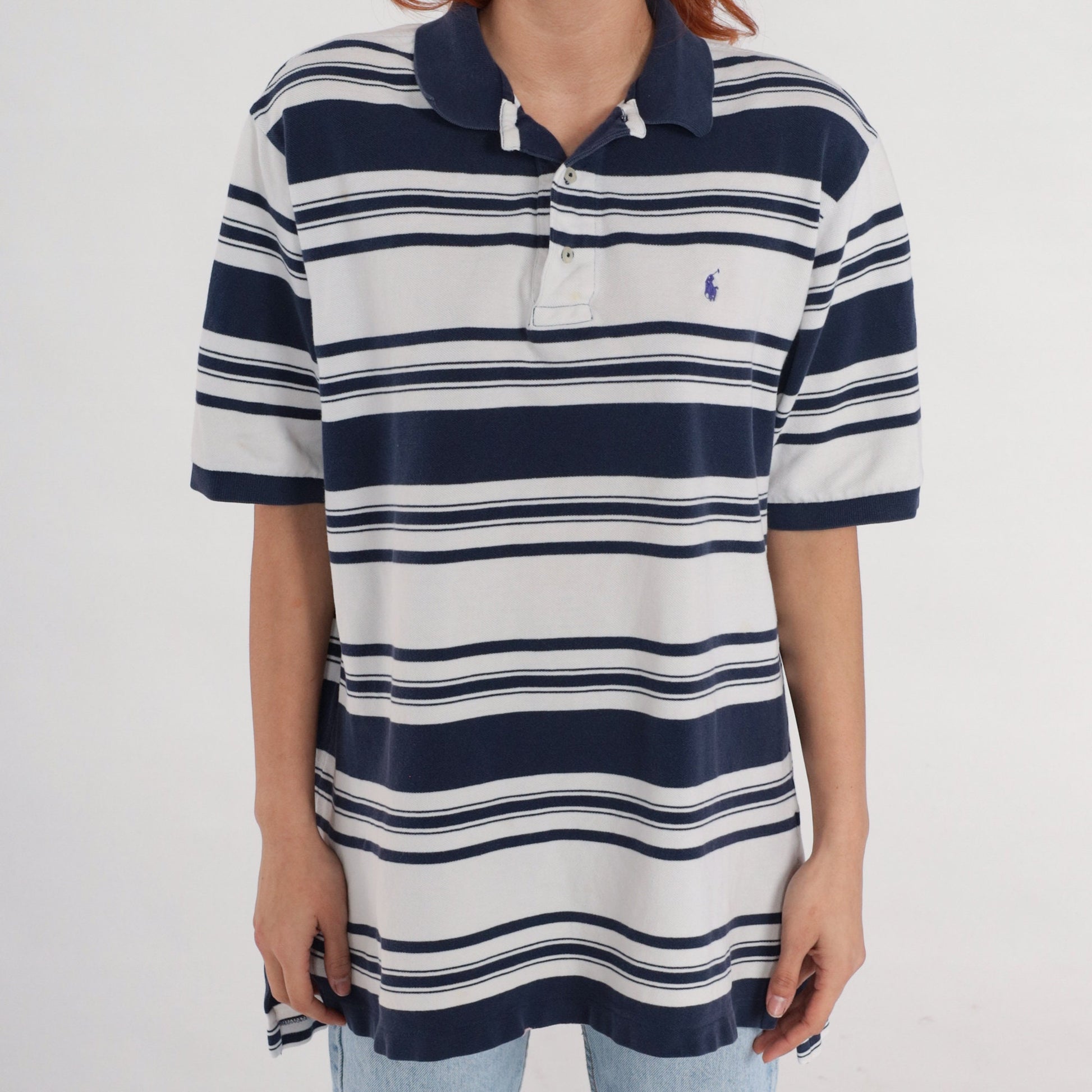90s Polo Golf Ralph Lauren Striped Quarter-Button Shirt White Navy Men's Large
