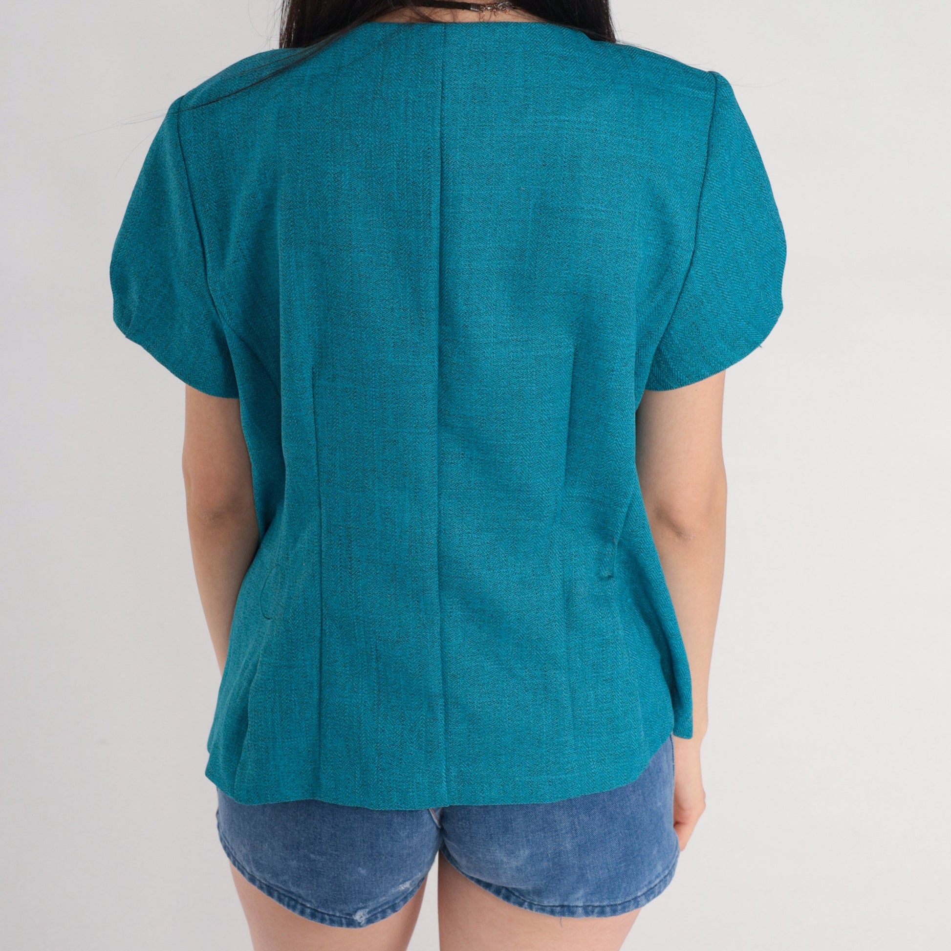 90s Blue Puff Sleeve Button-Up Blouse Secretary Top Medium